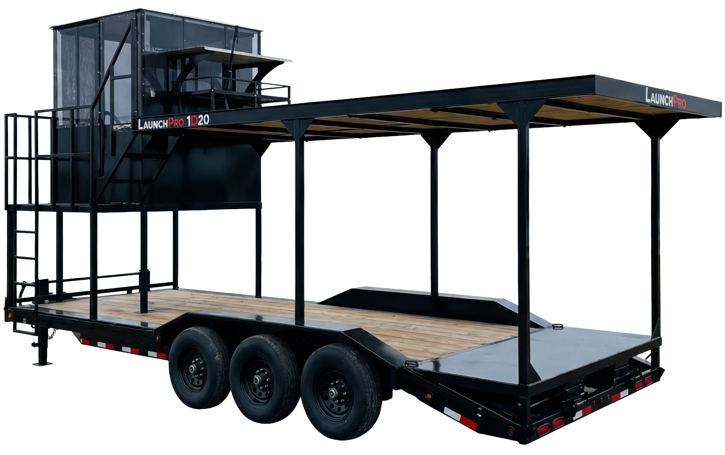 Black flatbed trailer with two levels, seating area, and a partial enclosed upper section, branded LaunchPro.