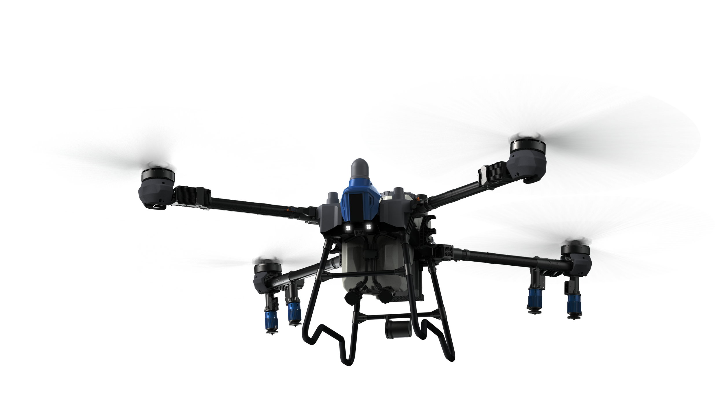 A drone with four large metallic propellers, black arms, and a blue component at the center, positioned against a plain background. The EAVision J150.