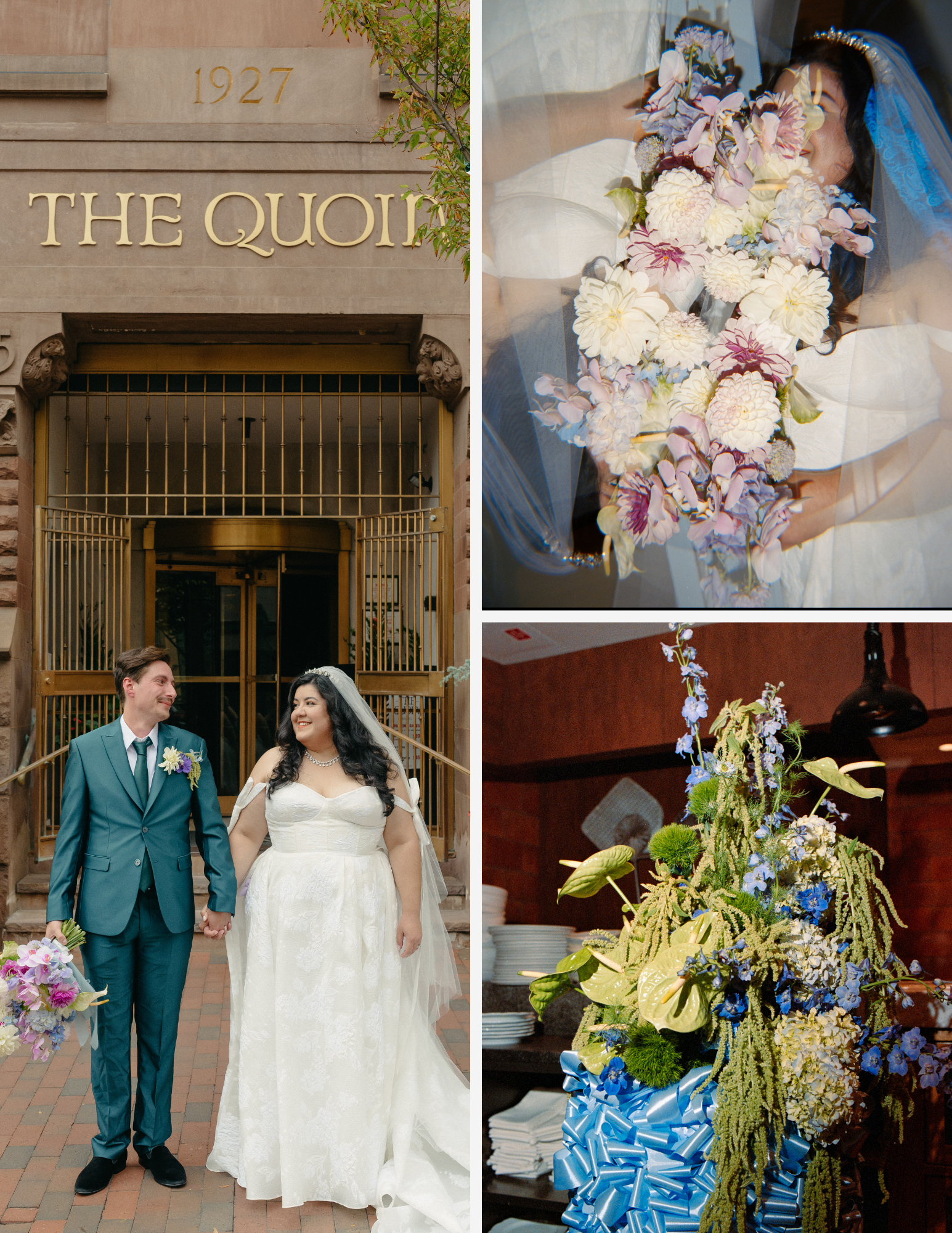 A wedding couple holding hands and smiling, standing in front of a building with the words 'The Quoin' and the number 1927. The bride is wearing a white dress and a veil with a tiara, and the groom is in a teal suit with a purple boutonniere. The right part of the image shows a floral arrangement with blue, purple, and white flowers, and a decorative blue ribbon.