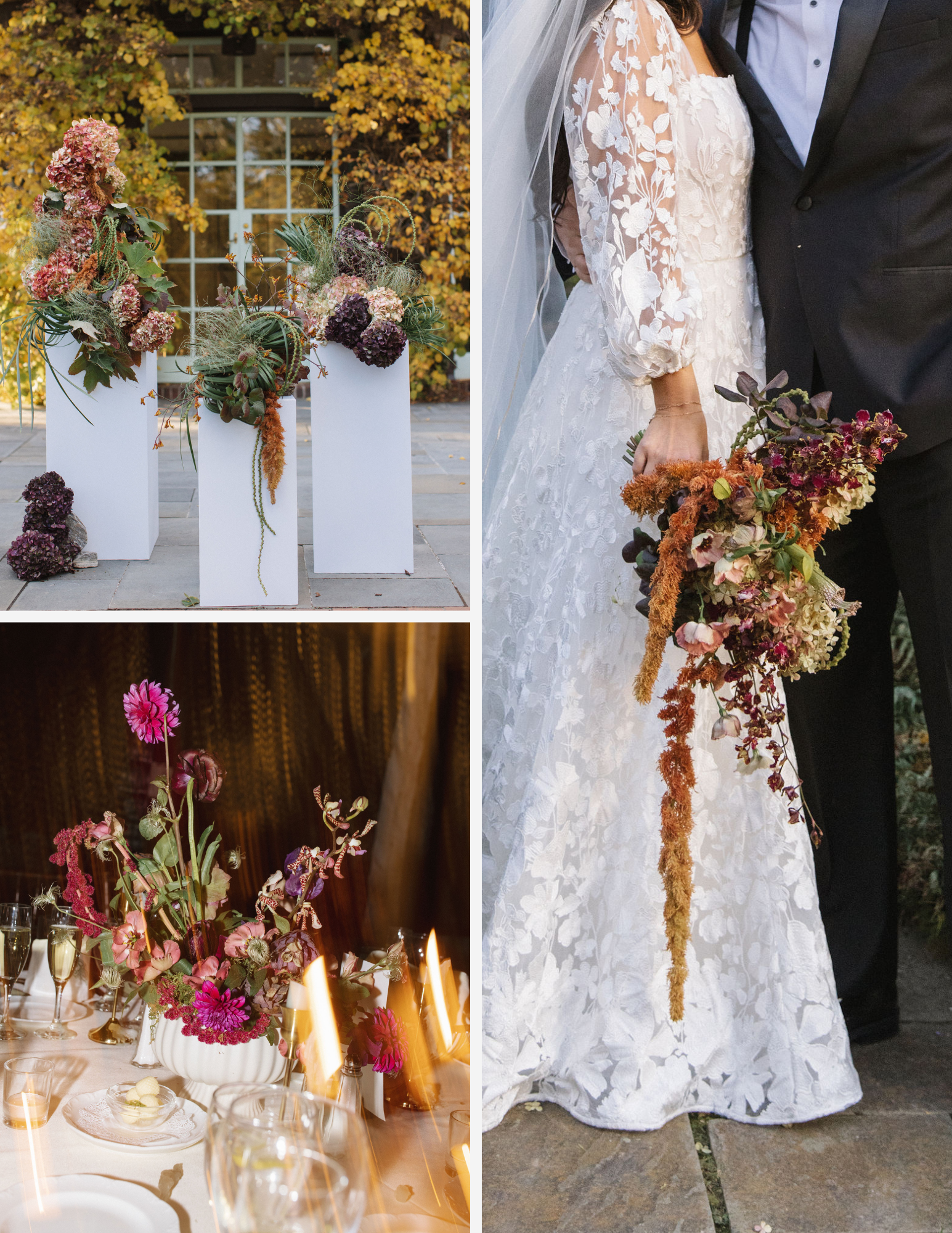 A wedding setup with a floral centerpiece and a bride in a white lace wedding dress holding a bouquet, standing next to a person in a black suit.