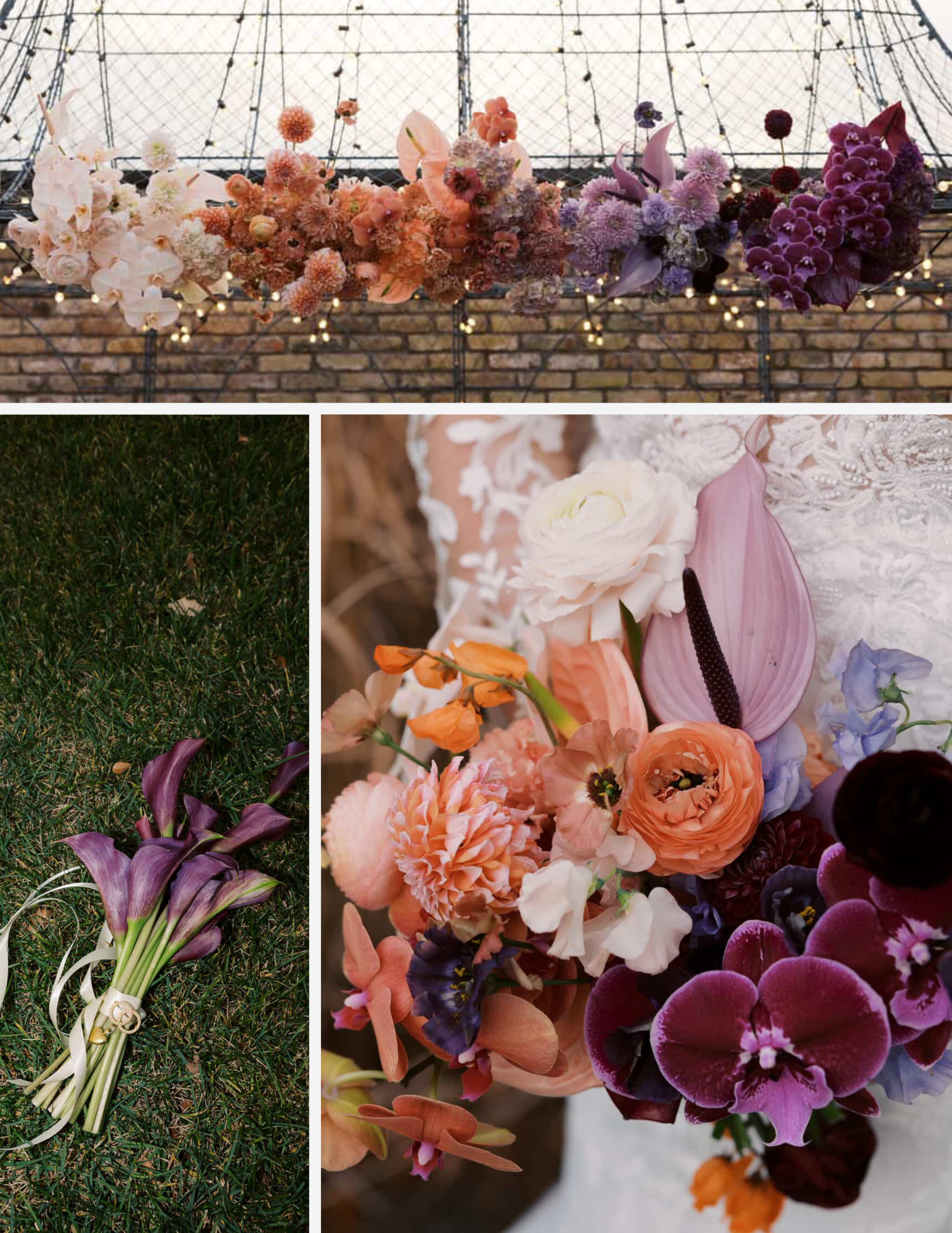 A collection of bouquets with a large one featuring pink, purple, and orange flowers, and a wedding boutonniere with purple calla lilies and white flowers on a grassy surface.