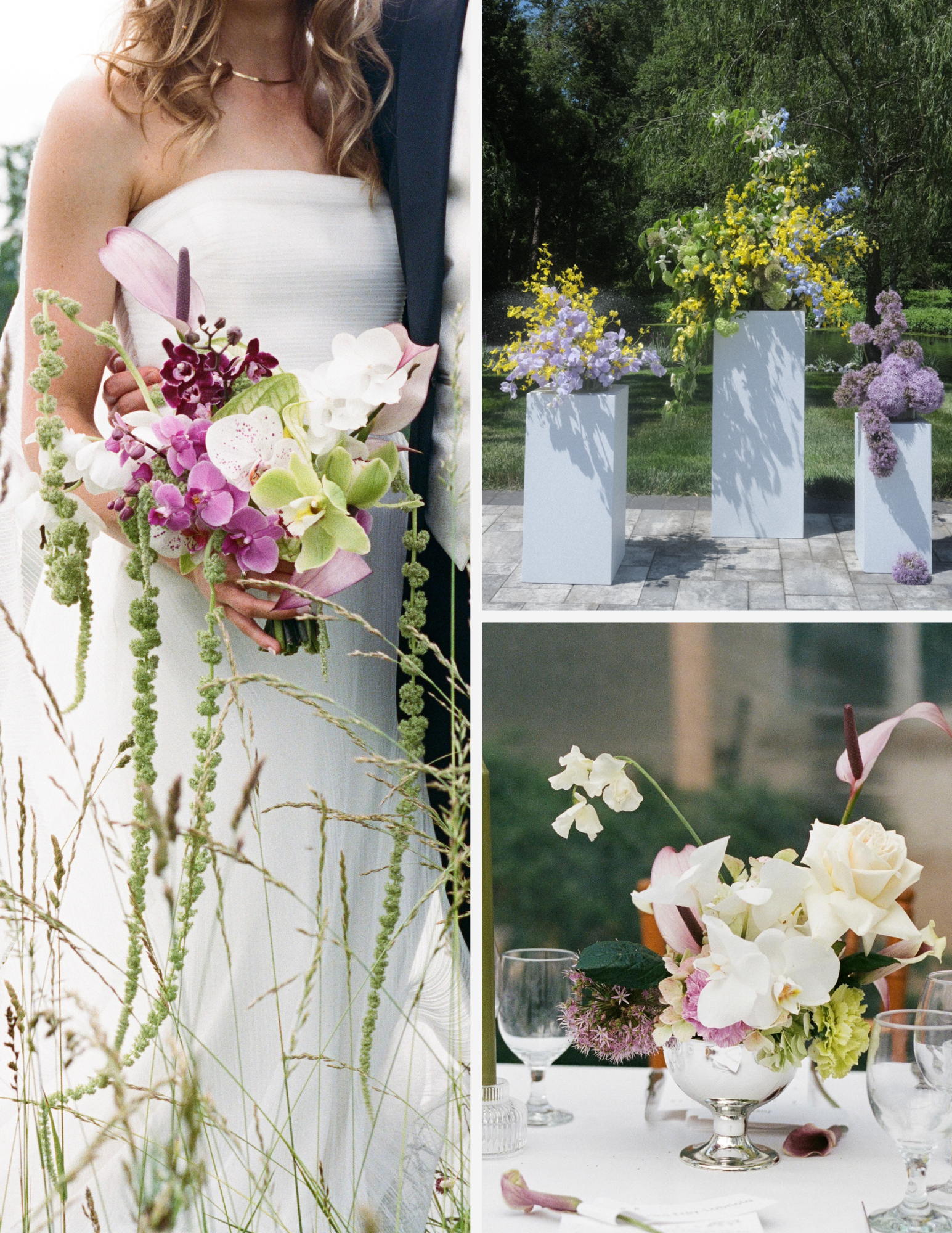 A woman in a white dress holding a bouquet of pink, purple, and white flowers; outdoor setting with trees and modern flower arrangements on white pedestals.