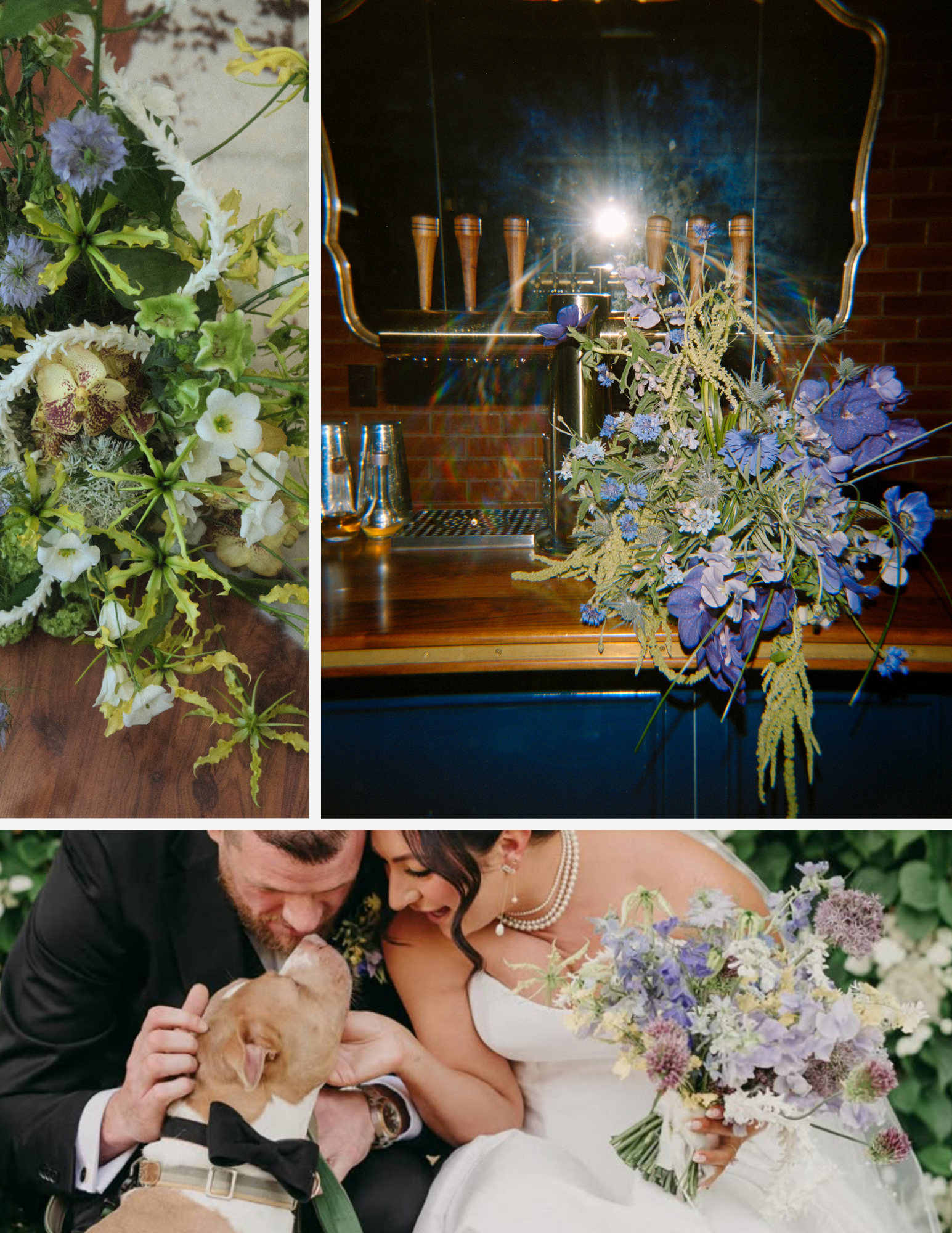 A close-up of a bouquet of mixed flowers on a wooden surface, featuring purple and white flowers with green foliage.