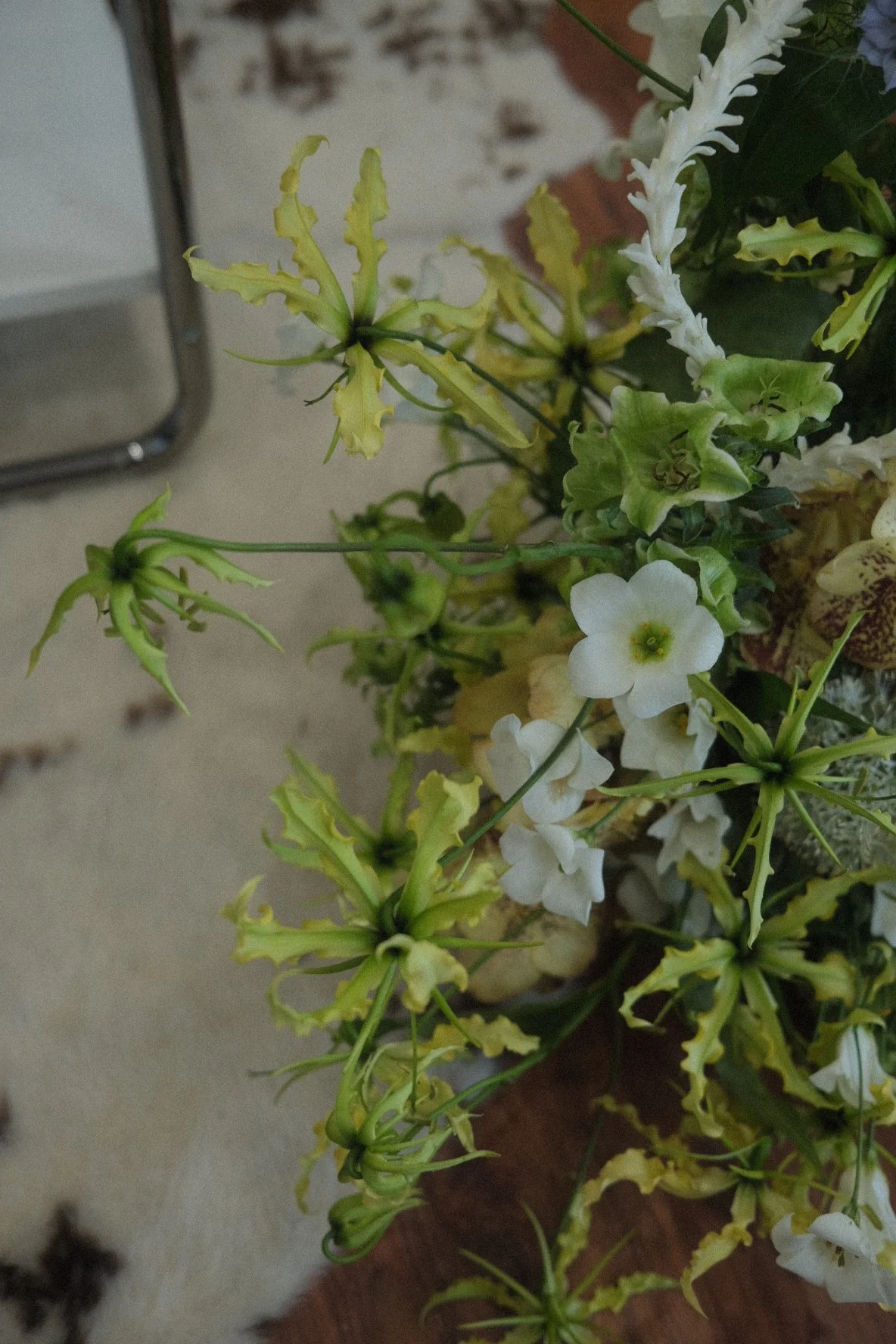 A close-up of a flowering plant with white and pale yellow-green flowers, some of which have a ruffled appearance.
