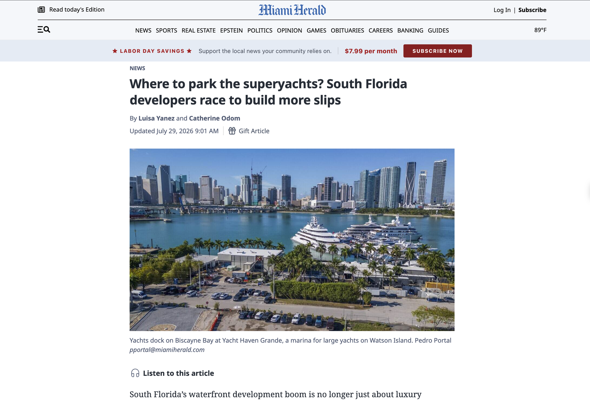Where to park the superyachts? South Florida developers race to build more slips — Miami Herald — July 29, 2026