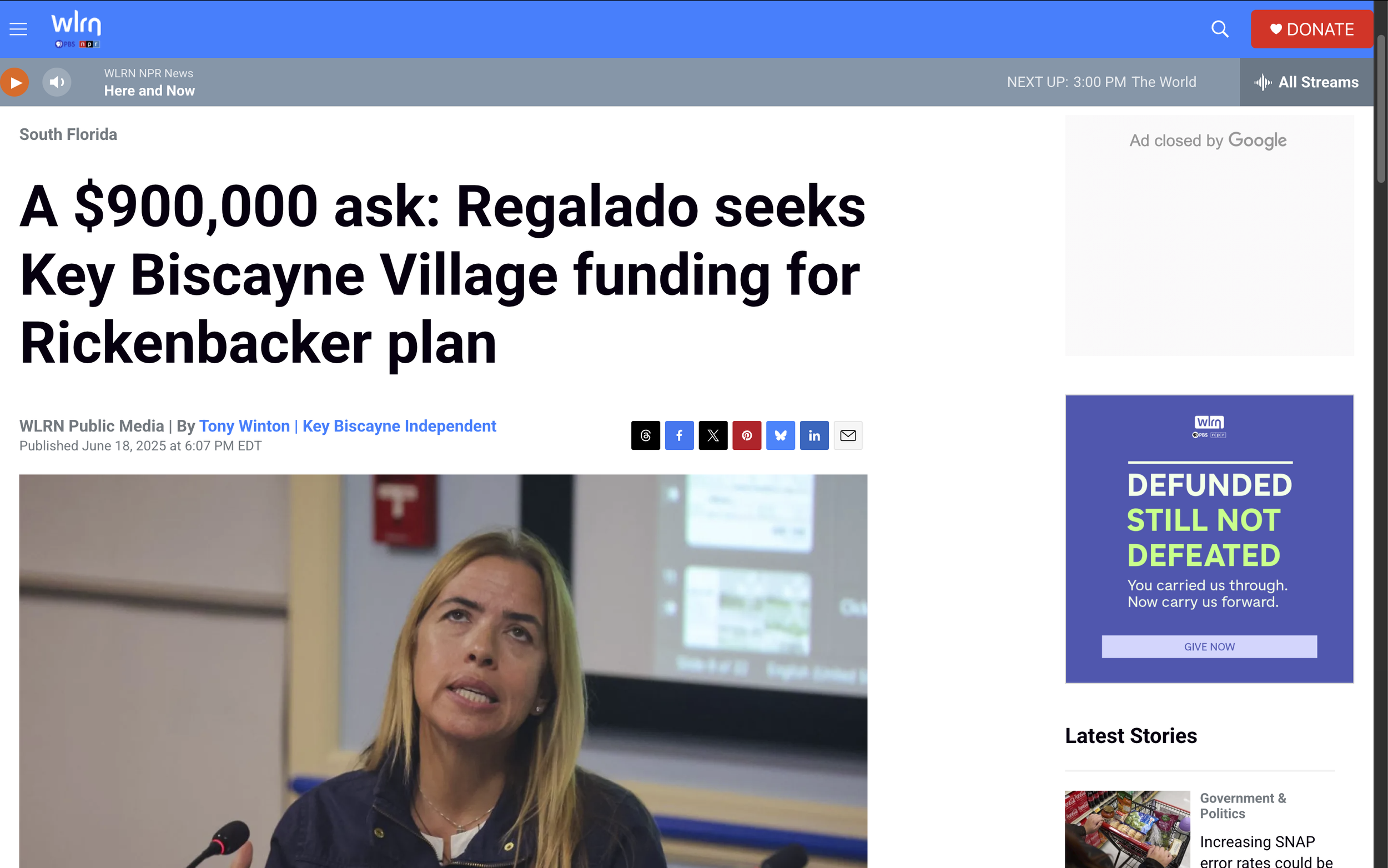 A $900,000 ask: Regalado seeks Key Biscayne Village funding for Rickenbacker plan — WLRN — June 18, 2025