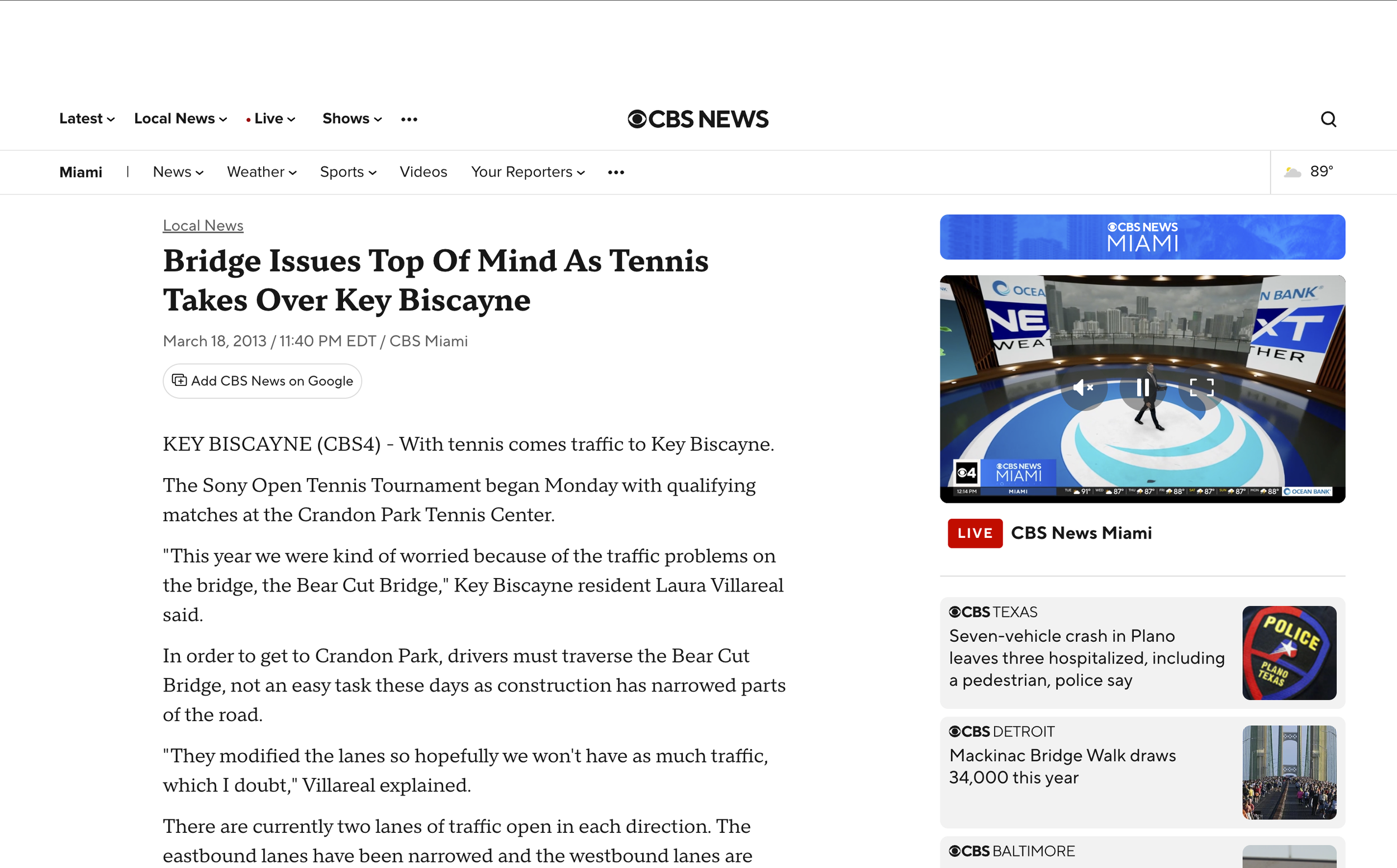 Bridge Issues Top Of Mind As Tennis Takes Over Key Biscayne — CBS Miami — March 18, 2013