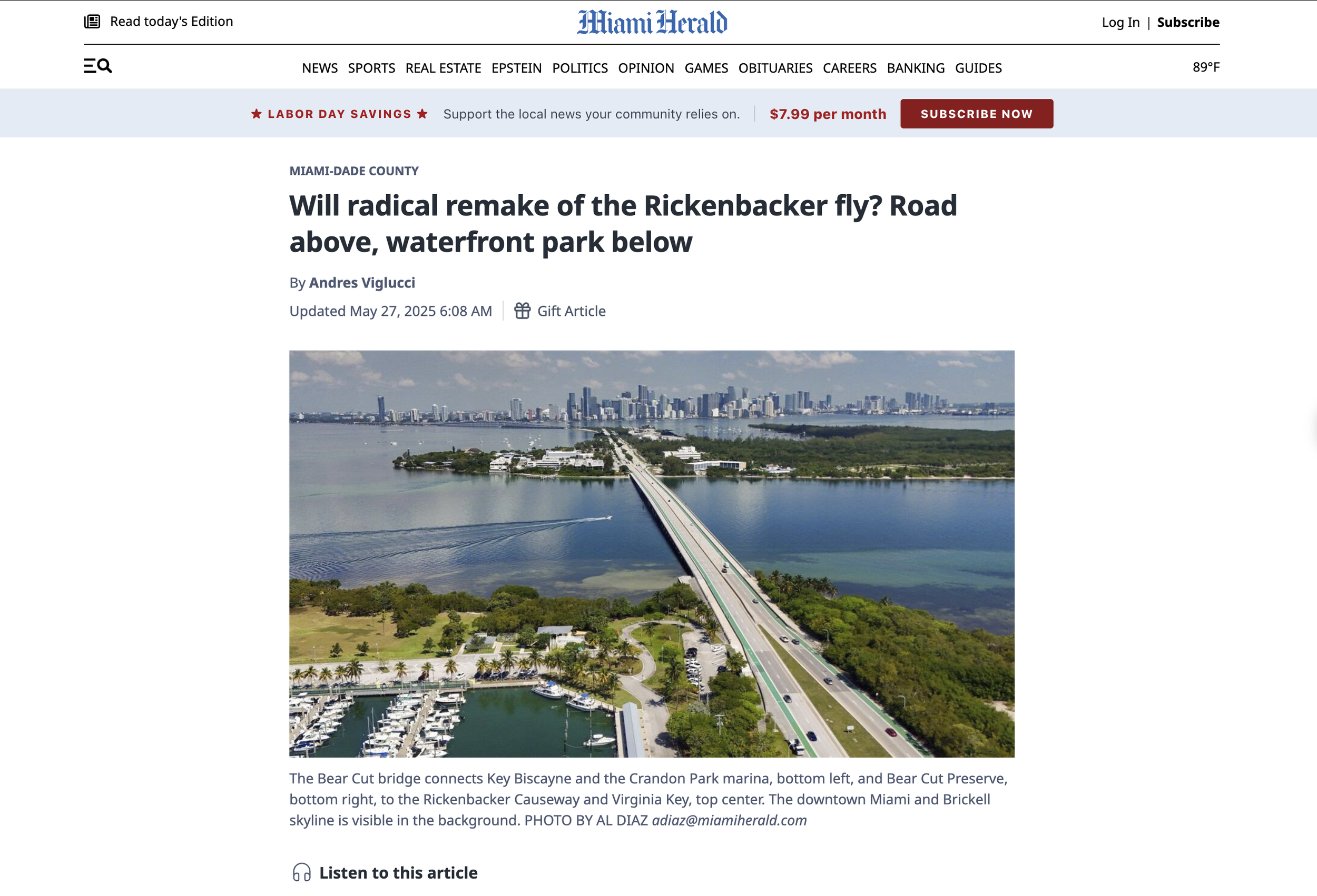 Will radical remake of the Rickenbacker fly? Road above, waterfront park below — Miami Herald — May 27, 2025