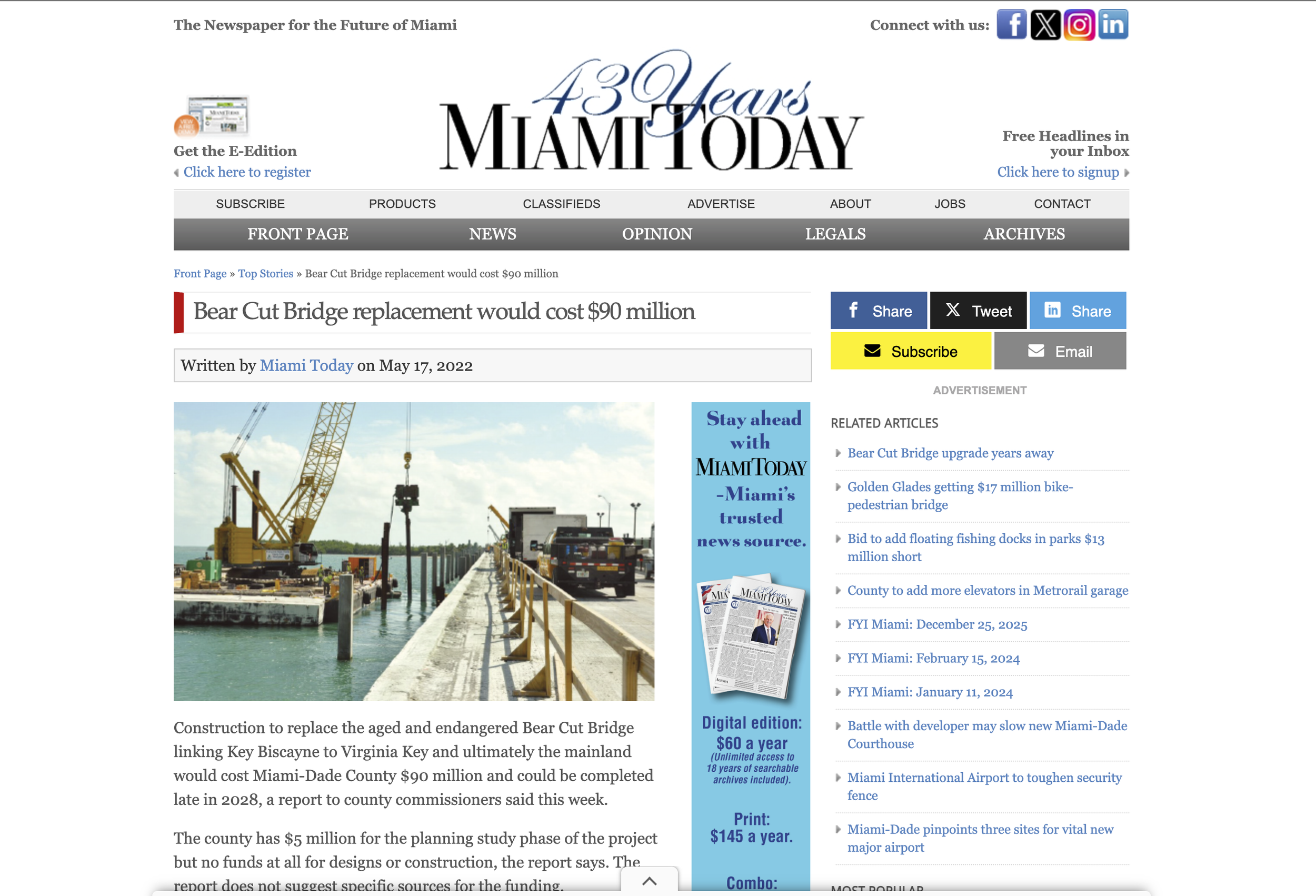 Bear Cut Bridge replacement would cost $90 million — Miami Today — May 17, 2025