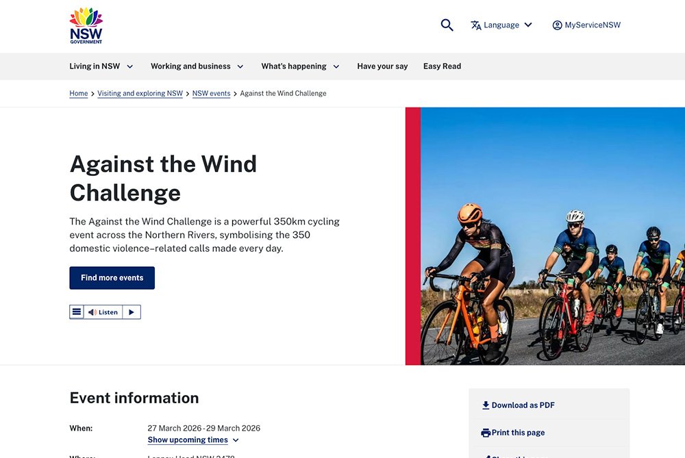 Against the Wind Challenge Featured on NSW Government Events Calendar