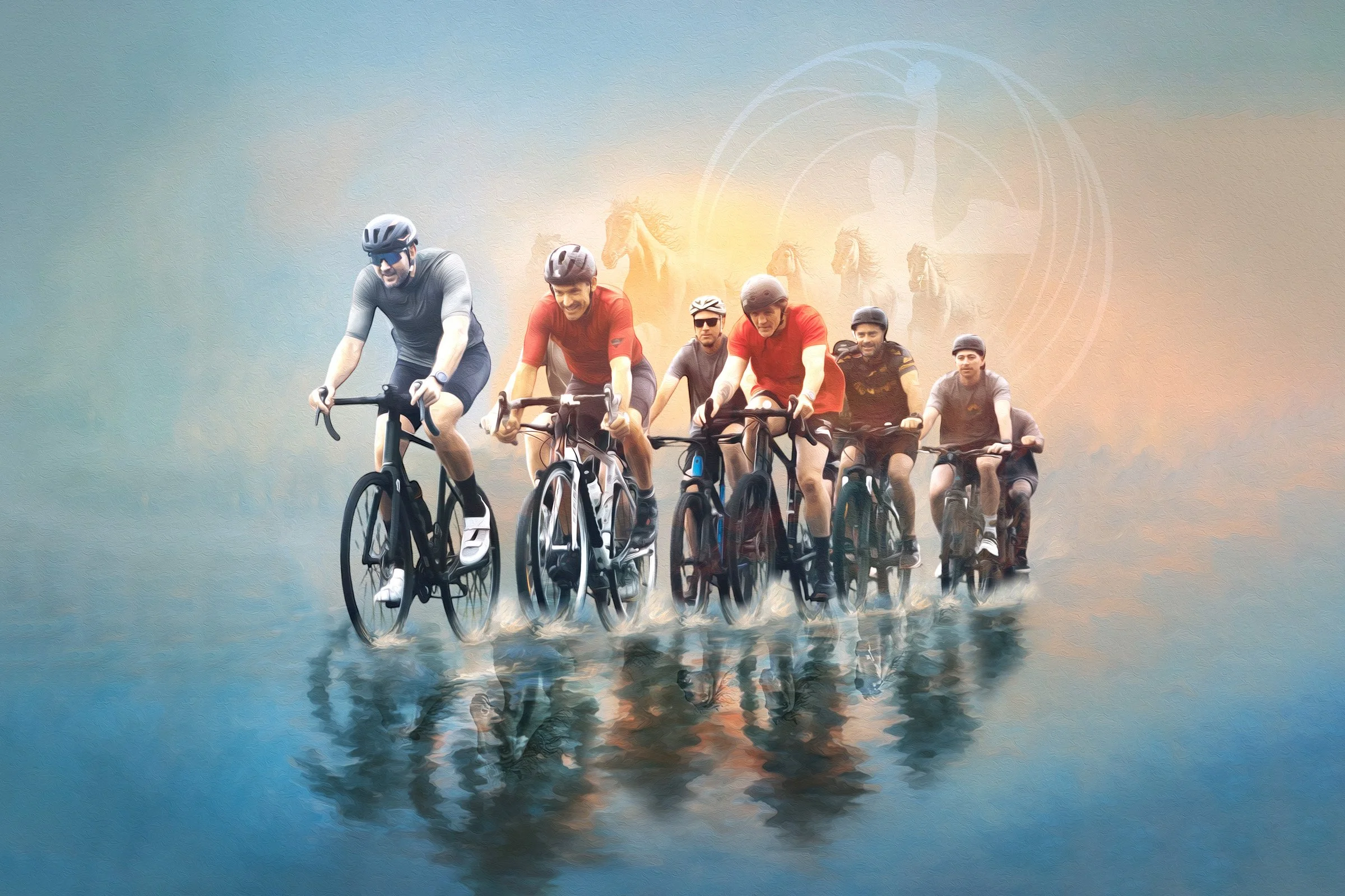 Six people riding bicycles on water with horse silhouettes and a target symbol in the background.