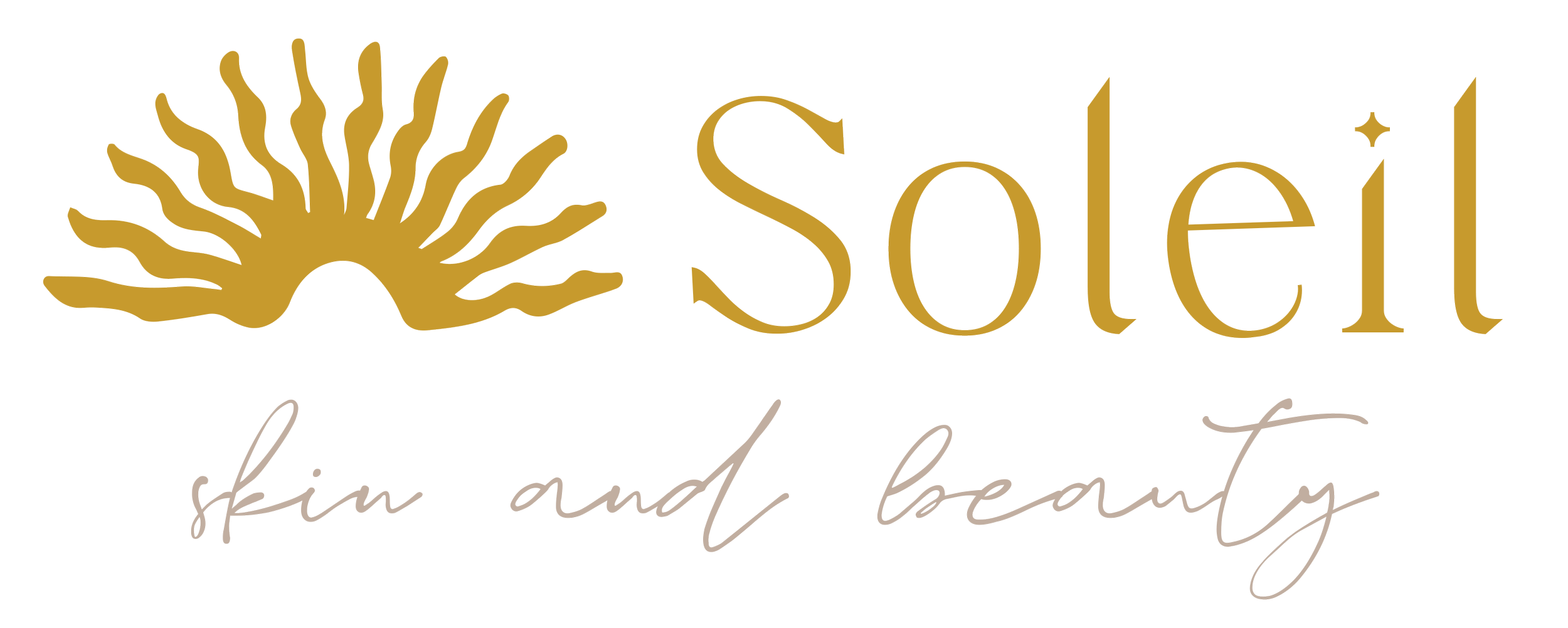 Logo for Soleil skin and beauty with a stylized sun and the words 'Soleil skin and beauty' in elegant font.