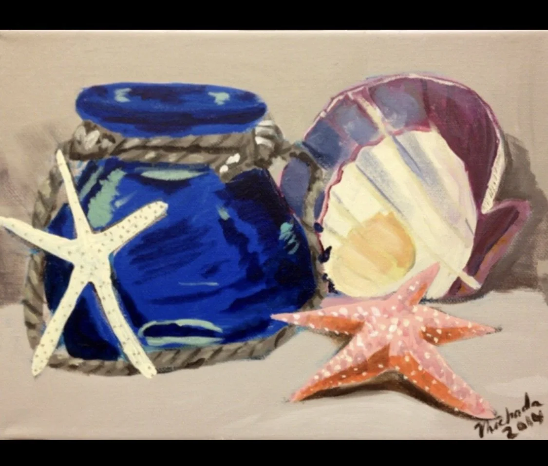 Painting of three starfish and a seashell on a beige background.