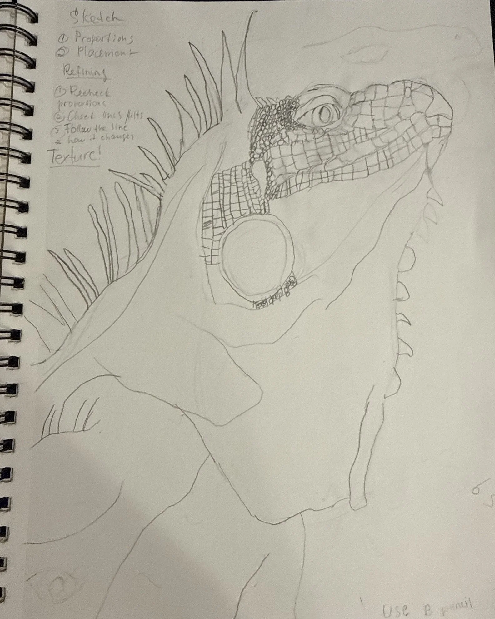 Sketch of a detailed dinosaur head with textured skin, large eye, spikes along the back, and notes on sketching and textures on the side.