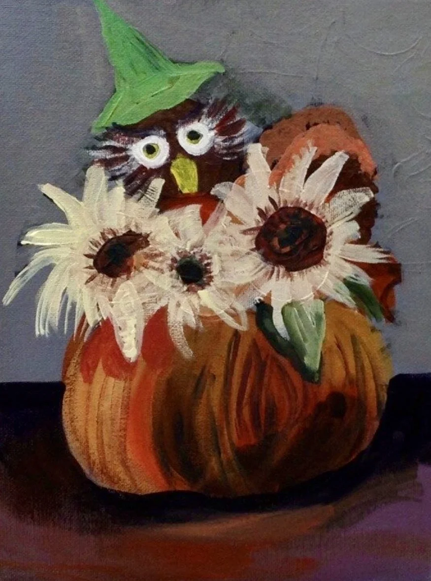 Painted image of a pumpkin with sunflowers and a face with eyes and a green hat.