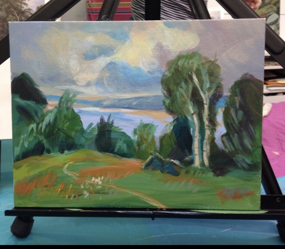 Oil painting of a landscape featuring a cloudy sky, a body of water, green trees, and a grassy path.
