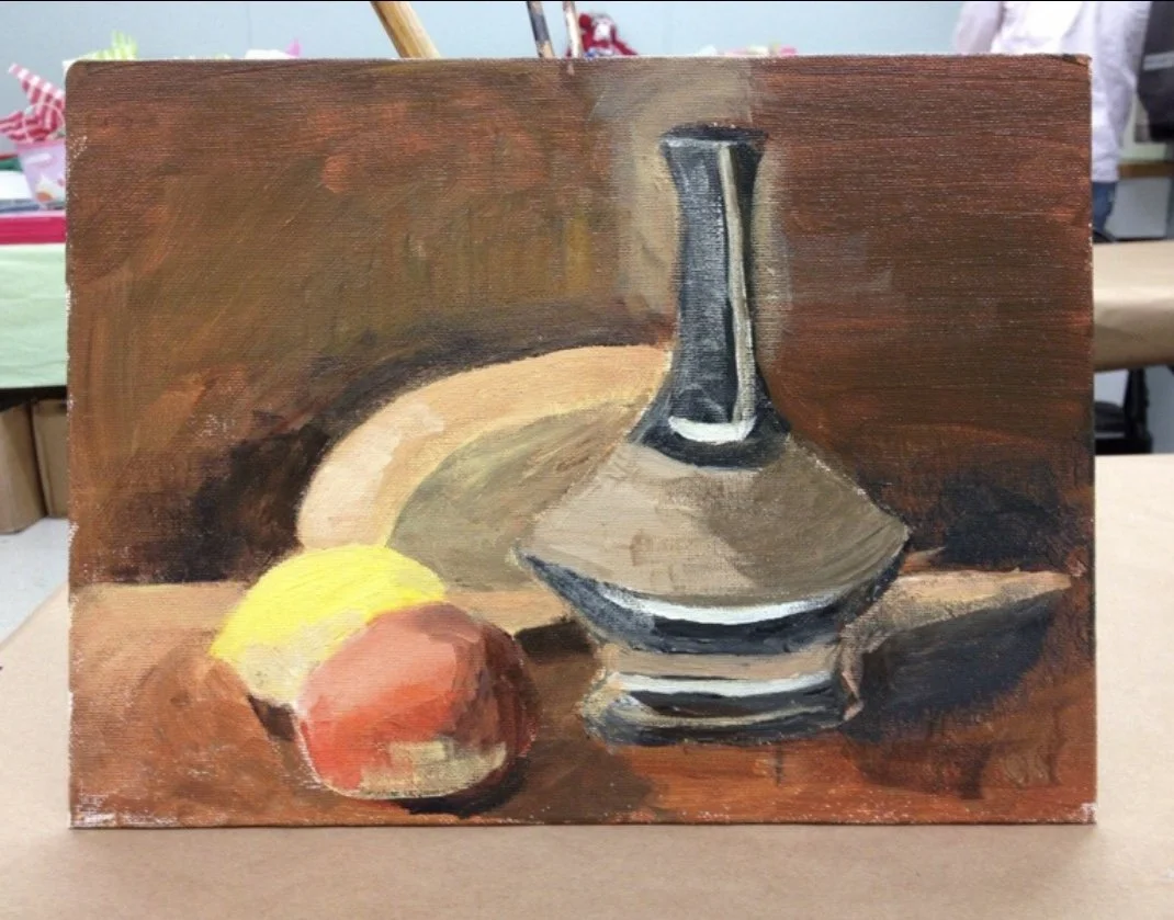 A still life painting of a vase, a watermelon slice, and an apple on a table with a brown background.