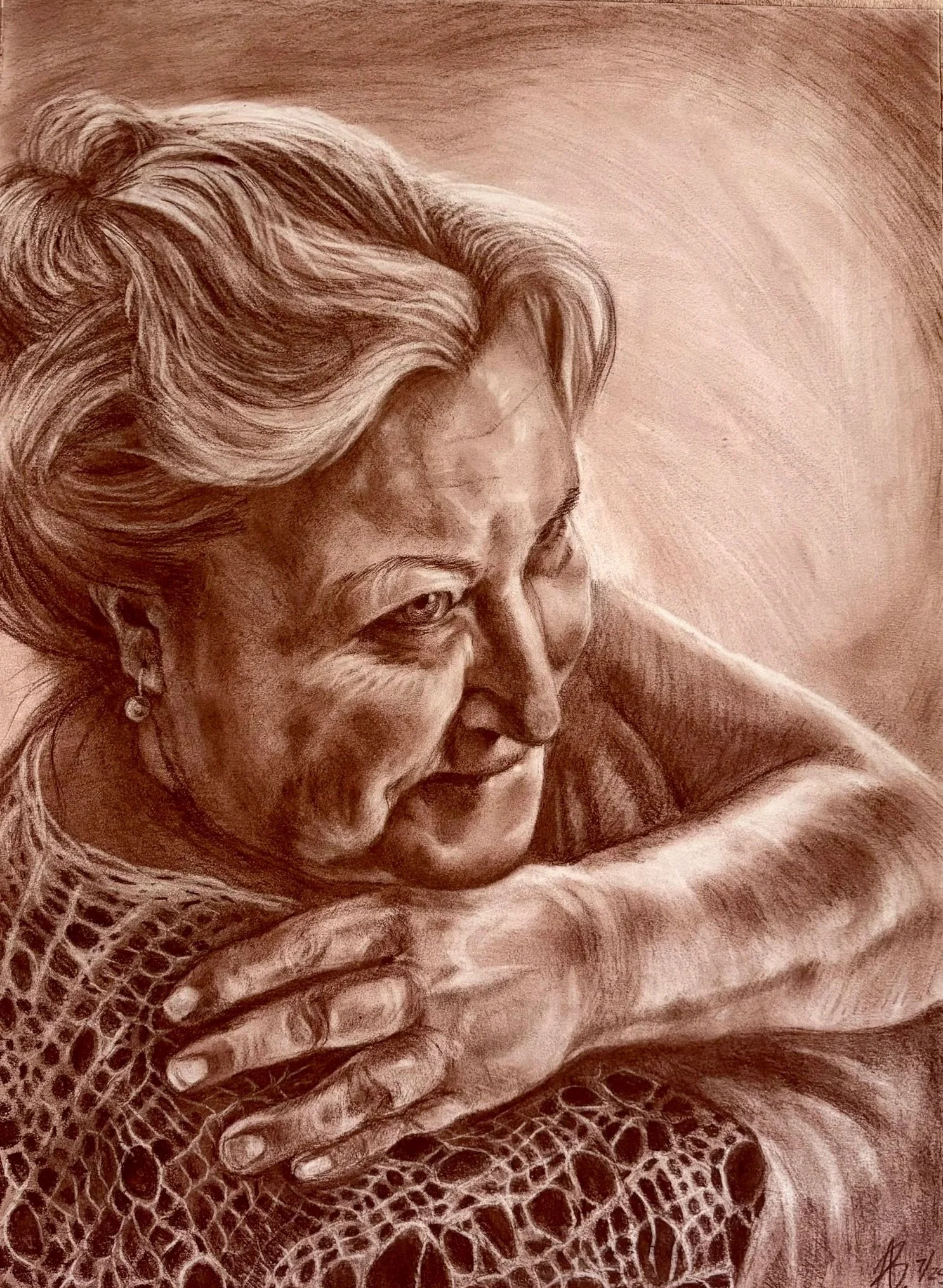 The Shawl (Моя Дорогая Мамочка), dry sepia on paper 23”x18” 2025
