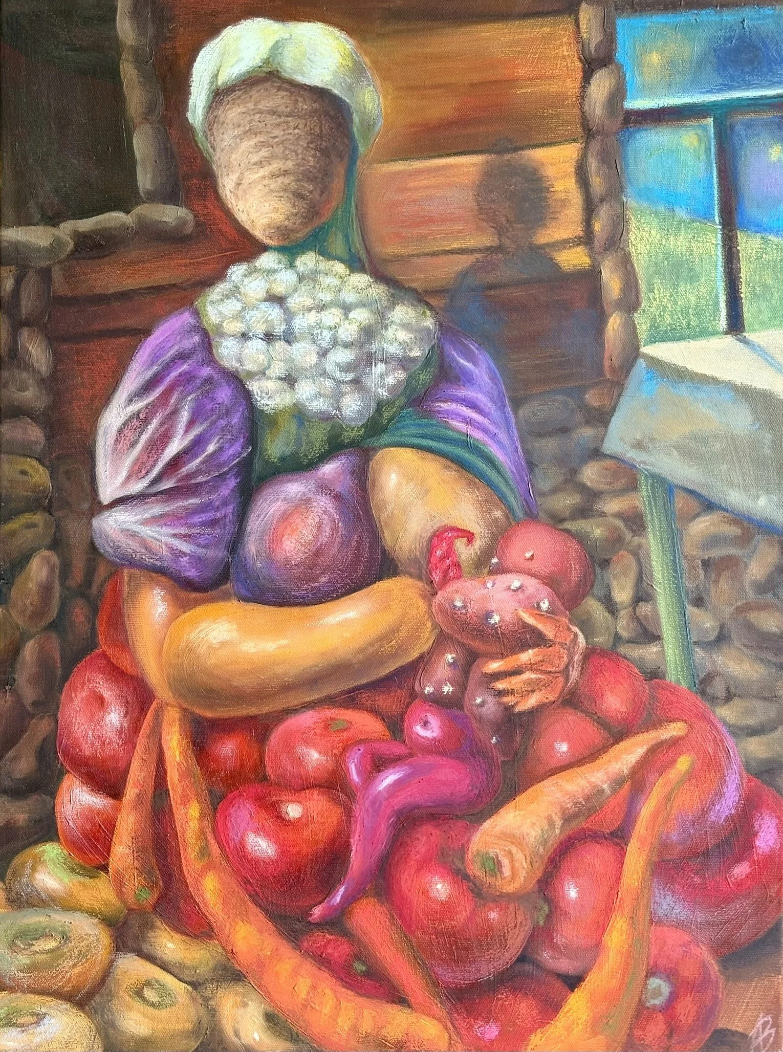 Dairymaid (Дайарка), inspired by the work Mother by Petrov-Vodkin, oil paint and oil pastel on canvas 16”x24” 2007-2025