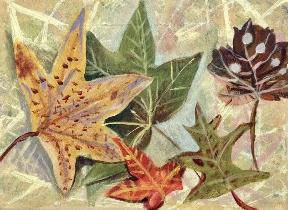 A watercolor painting of various leaves and a butterfly.