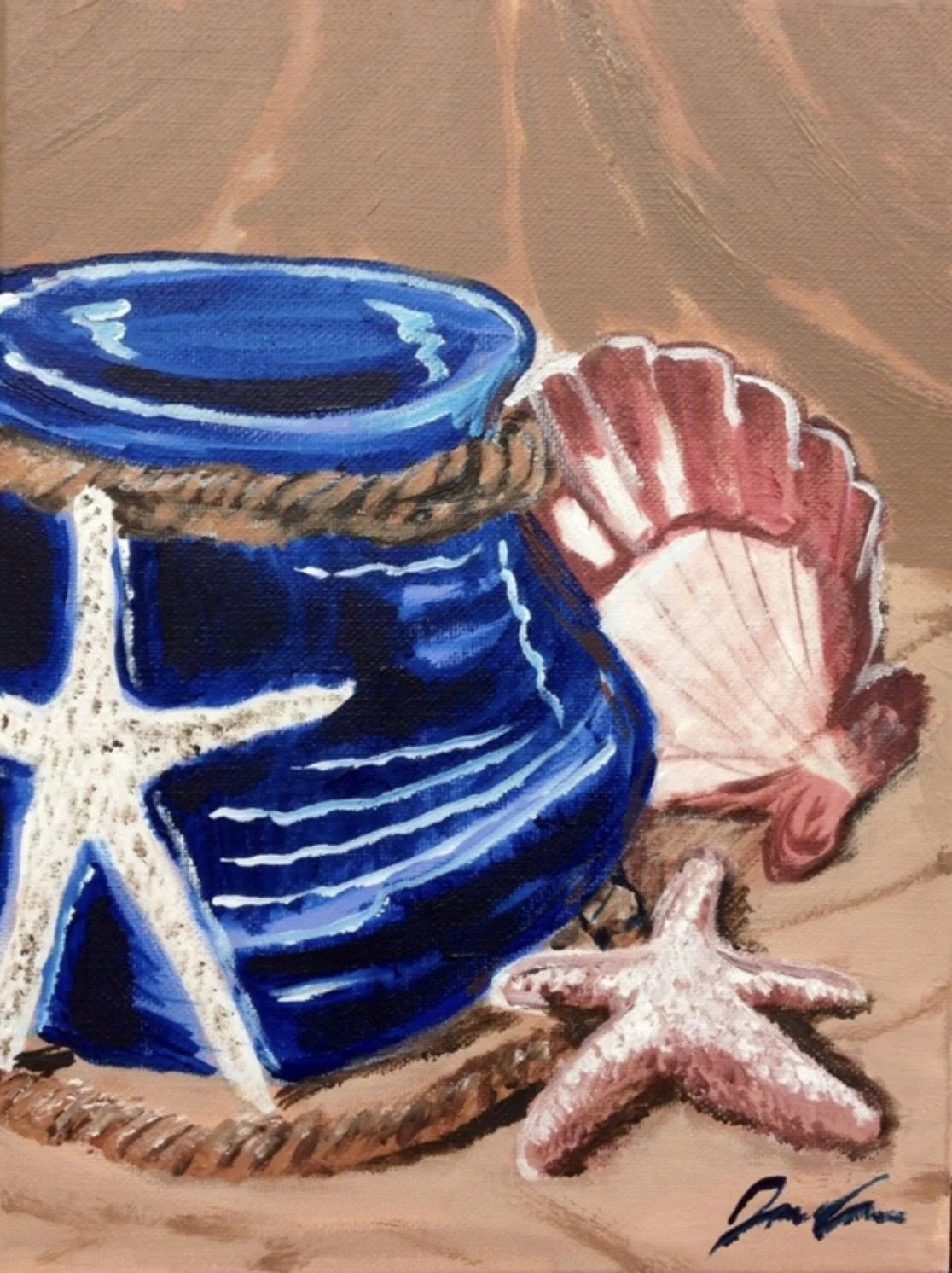 A painting of a blue nautical lantern with a rope, two pink starfish, and a pink seashell on a beige background.