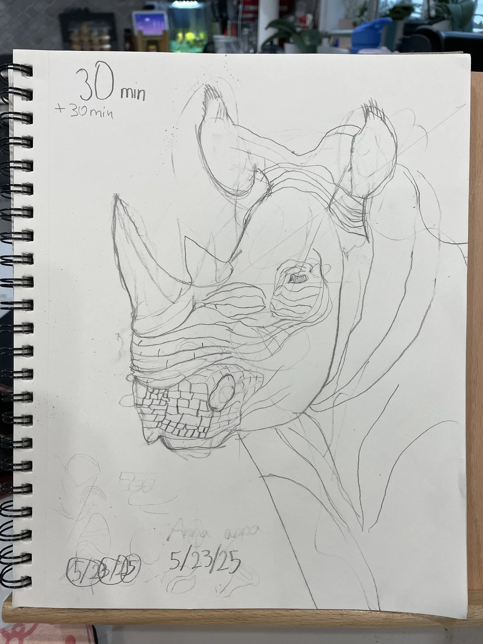 Sketch of a rhinoceros with exaggerated features and a grid pattern on its face, drawn on a spiral-bound notebook page with notes and scribbles around it.