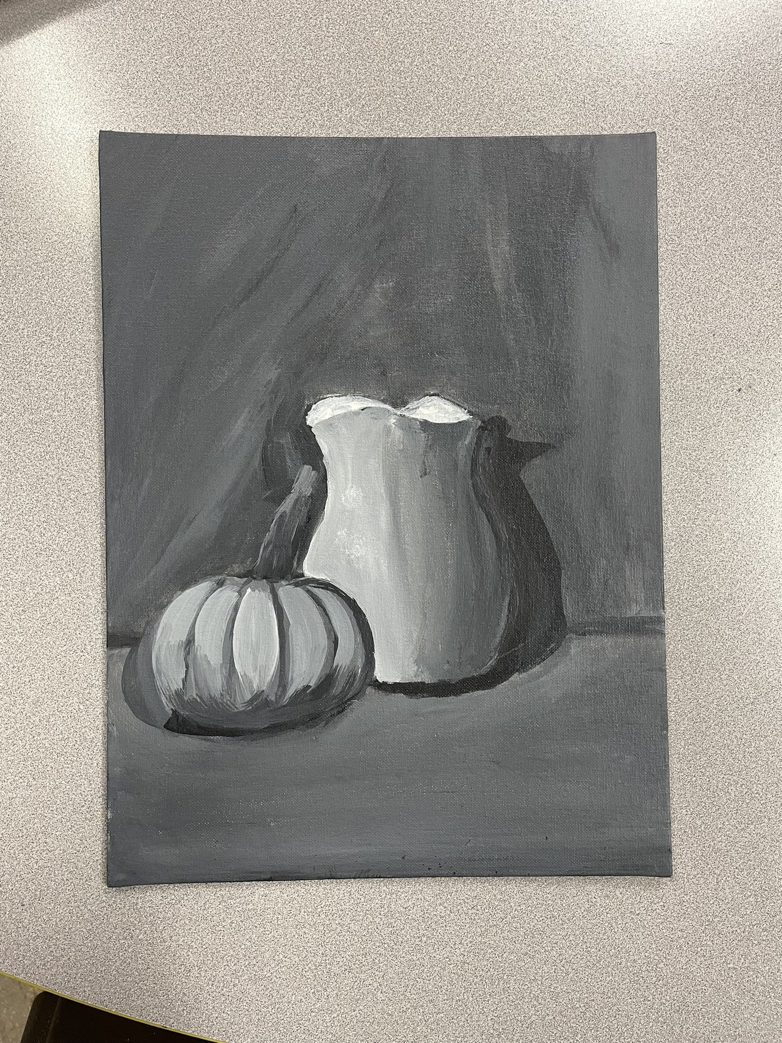 A black and white painting of a pumpkin and a pitcher on a table.