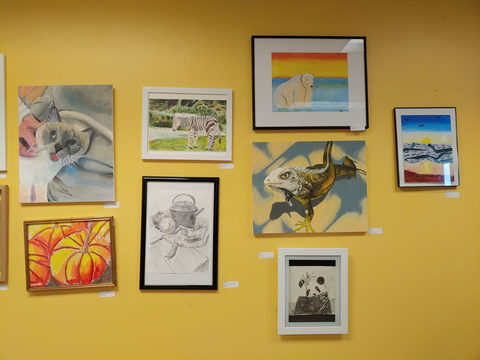 Gallery wall with various framed artworks including a painted cat, zebra, bears, a dinosaur drawing, seascape, pumpkin, still life, and a black-and-white sketch on a yellow wall.