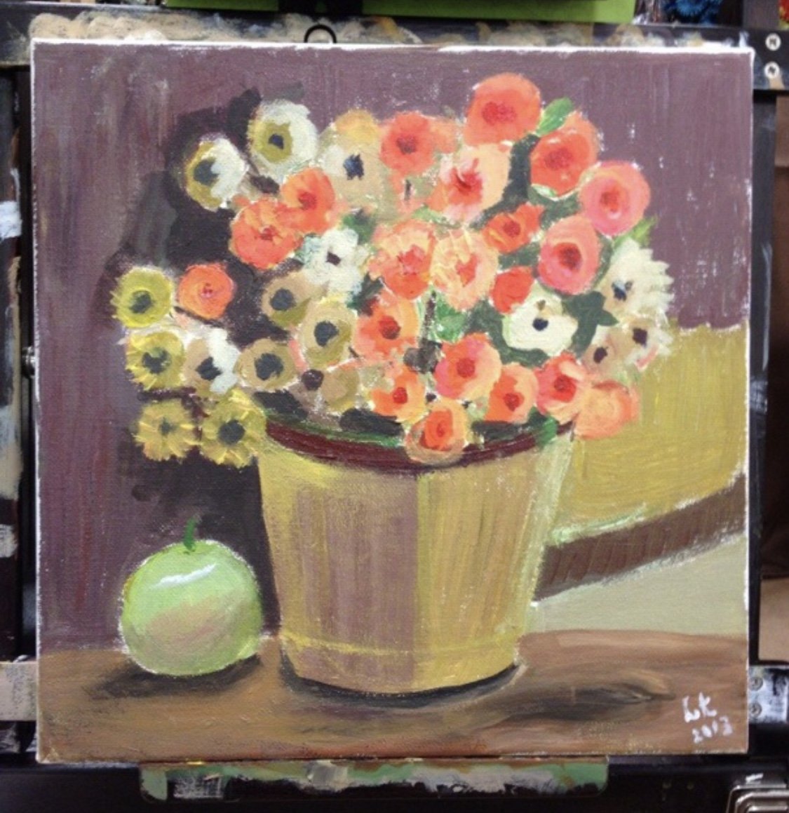 Painting of a vase with orange, yellow, and white flowers, with a green apple beside it on a table.