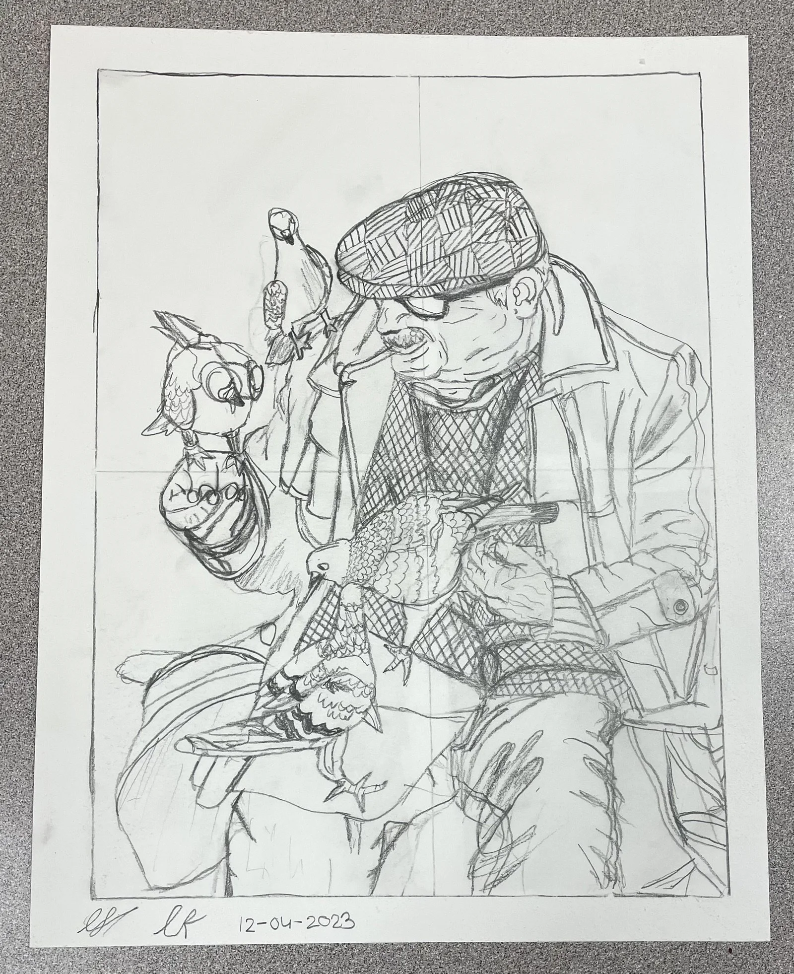 A hand-drawn sketch of an elderly man wearing glasses, a cap, and a jacket, sitting and holding a bird in each hand. The man appears to be examining one of the birds, with several birds perched on his arm and hand.