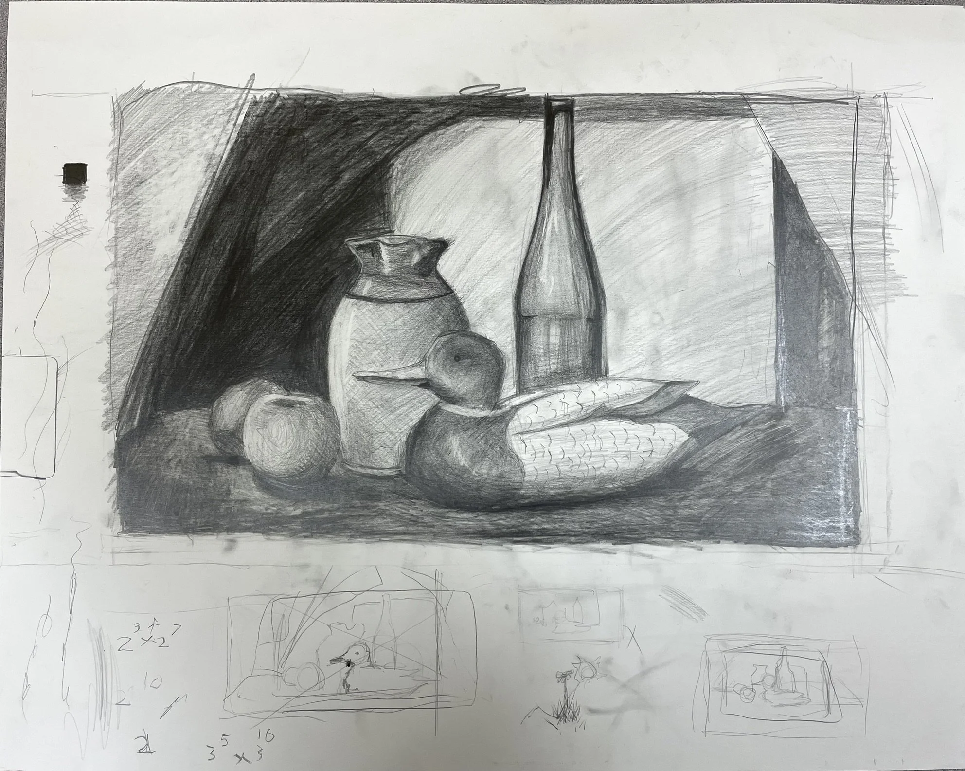 A pencil drawing of a still life scene with a pitcher, a bottle, a fruit, and fish on a plate, with shading and sketches around the main composition.