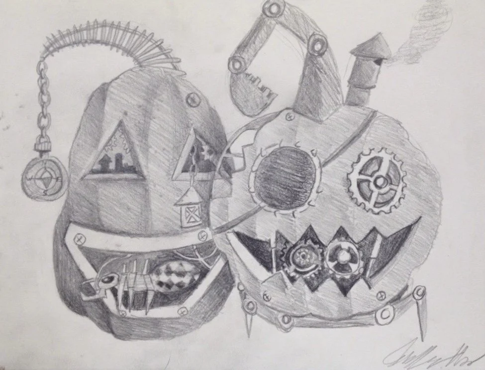 A pencil sketch of a pumpkin with a mechanical, steampunk-inspired design, featuring gears, cogs, and various mechanical details.
