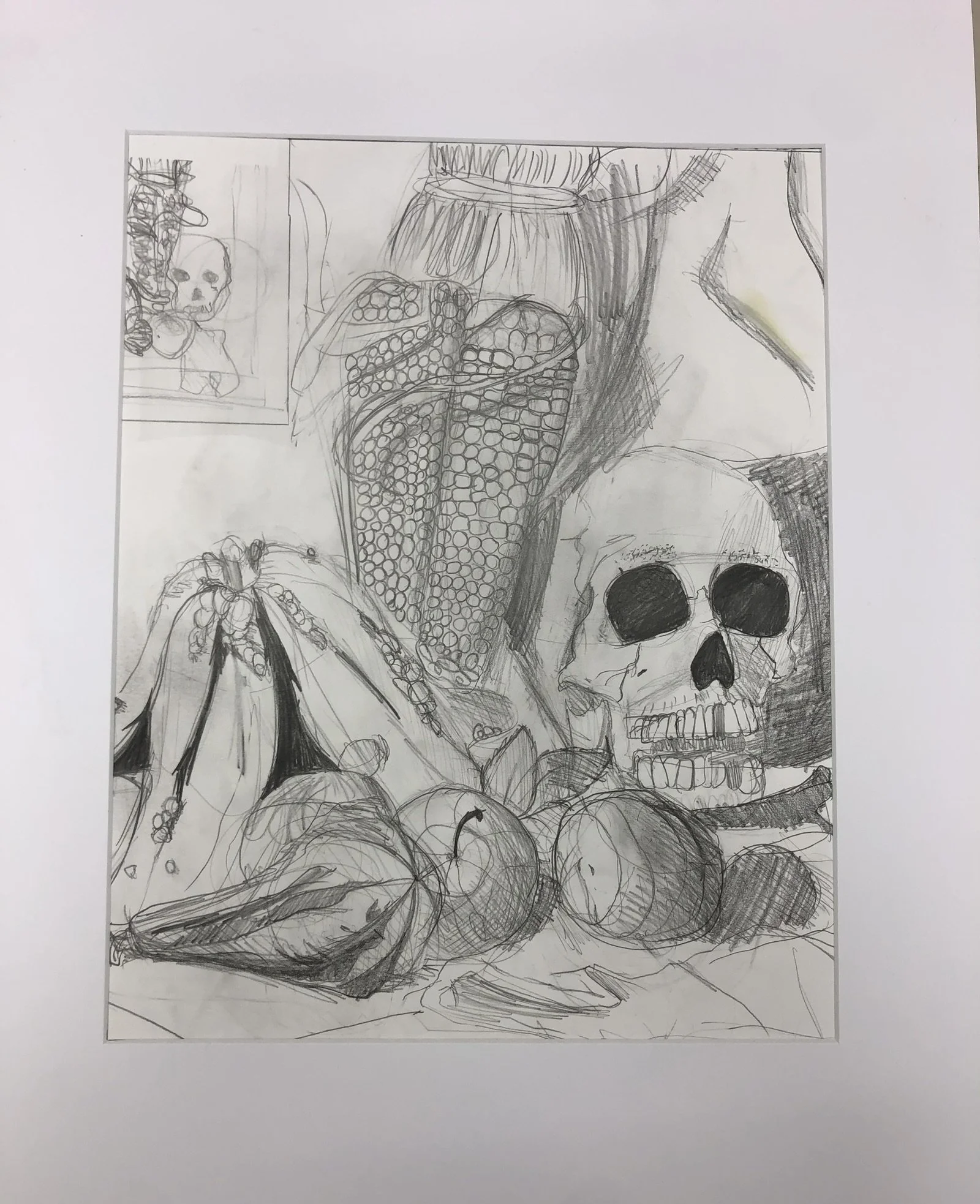 Sketch of a still life with a human skull, various fruits including bananas and an apple, and other objects on a surface.