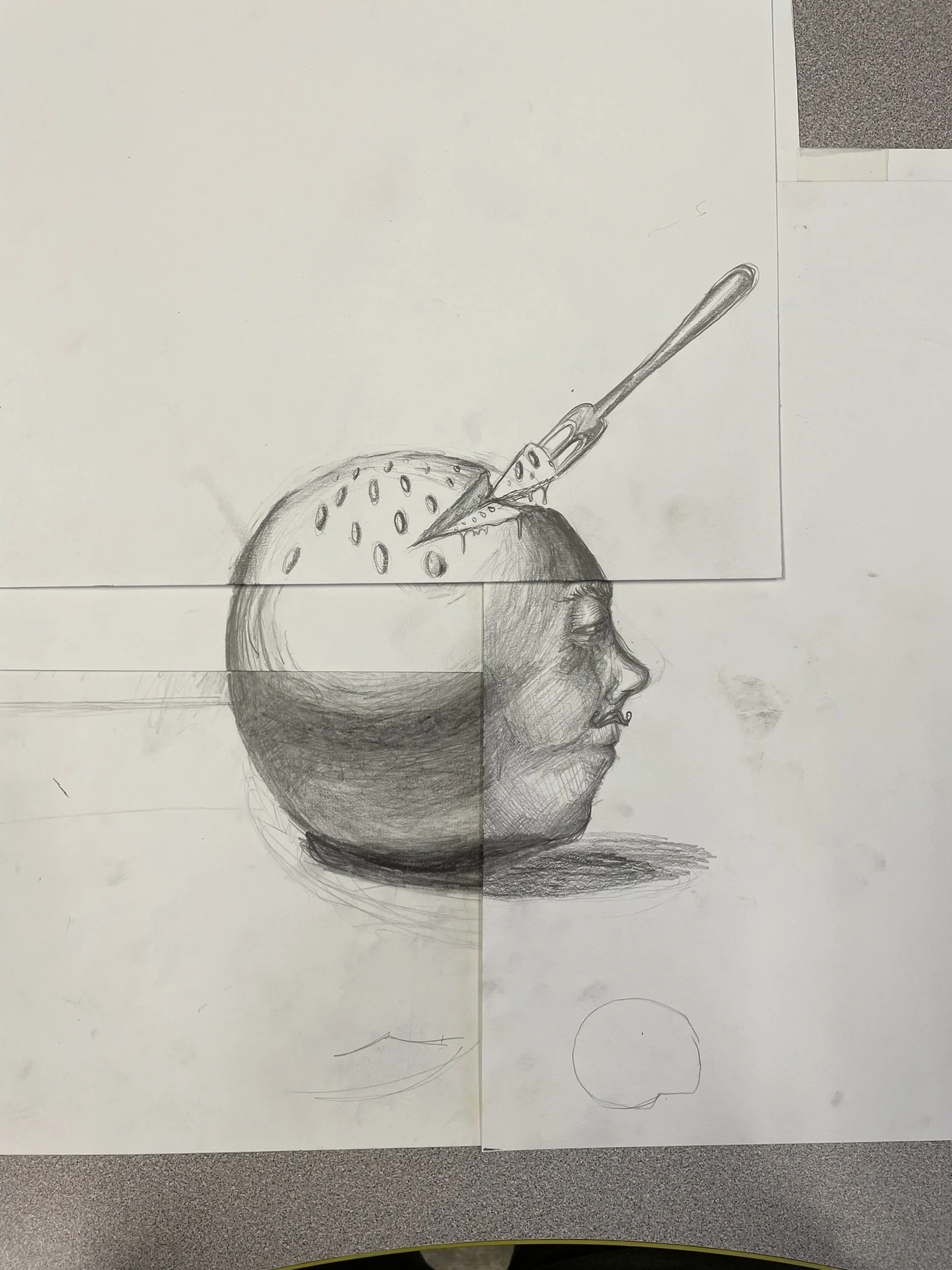 A pencil sketch of a human head in profile with a mixture of realistic and surreal elements. The left side of the head is portrayed as a sphere with the top being cut open, revealing a textured interior resembling a strawberry with seeds. A knife and