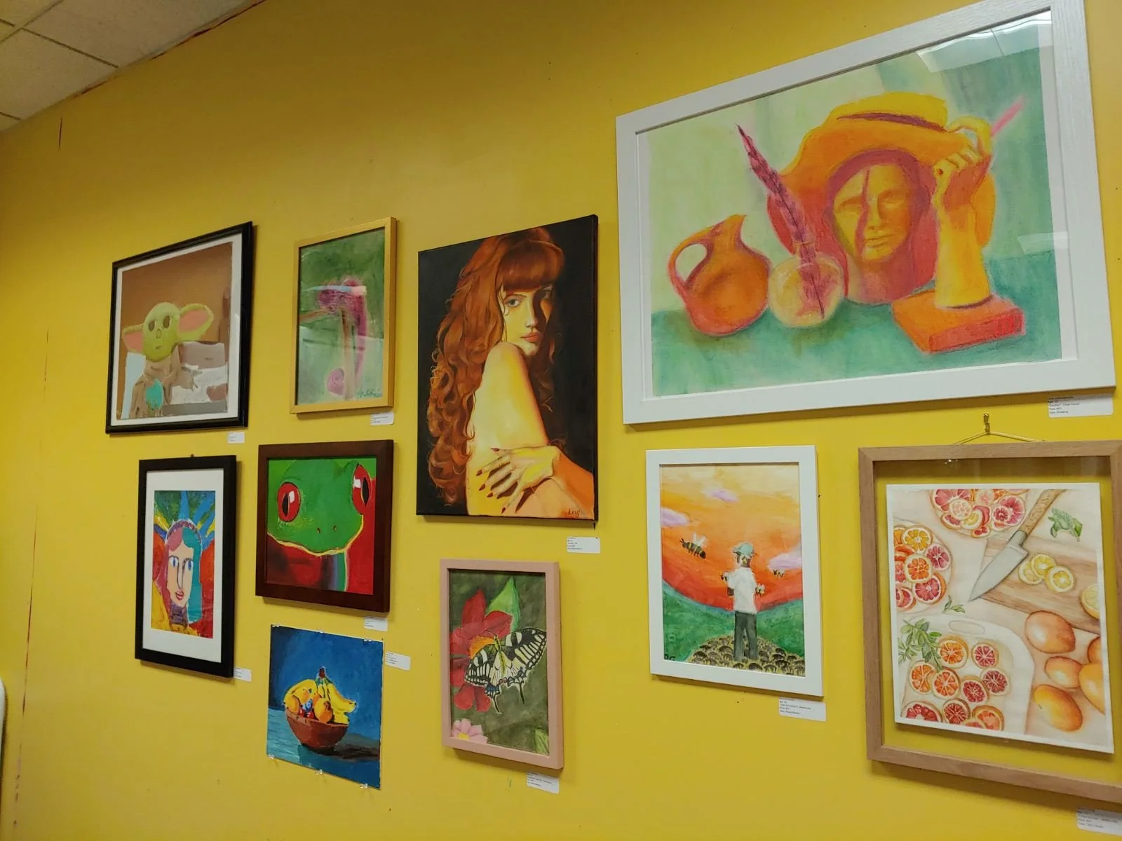 Gallery wall featuring various colorful artworks, including a portrait of a woman with curly hair, a frog, a woman with colorful feathers, an abstract face, a bee on flowers, and fruit still life.