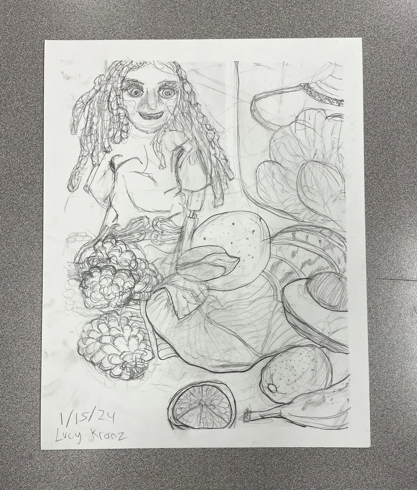 Hand-drawn sketch of a woman with dreadlocks smiling, surrounded by various fruits including grapes, oranges, strawberries, lemons, and a sliced lemon, with the date 1/15/24 and the name Lucy Kranz written at the bottom.
