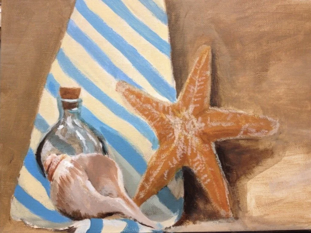 Painting depicting a glass bottle with a cork, a seashell, and a starfish on a blue and white striped cloth background.