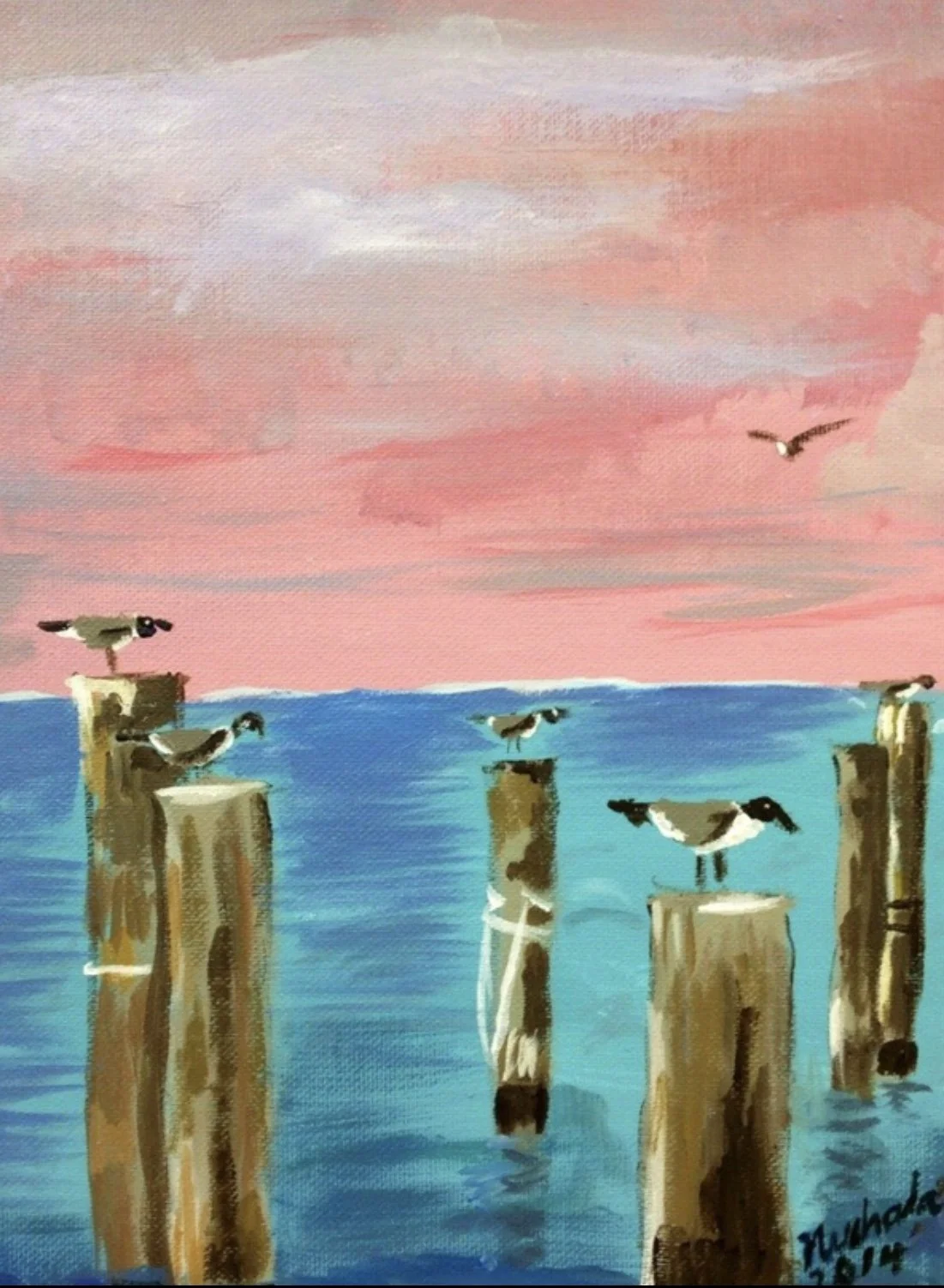 Painting of a pink and gray sky over blue water with five seagulls perched on weathered wooden posts and one in flight.