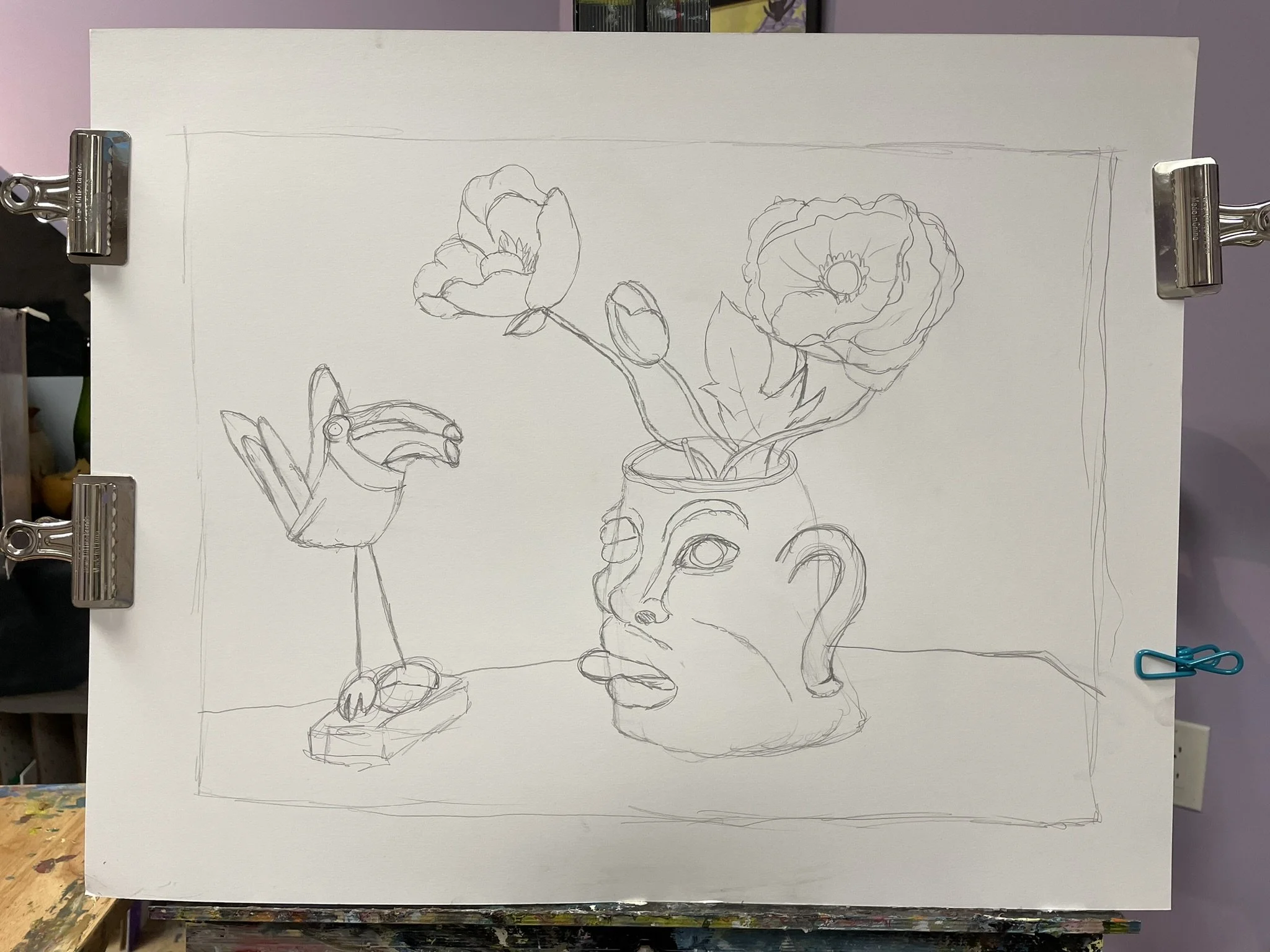 A sketch of a still life composition with a vase containing large flowers, a human face sculpture, and a robotic bird on a pedestal, all on a table.