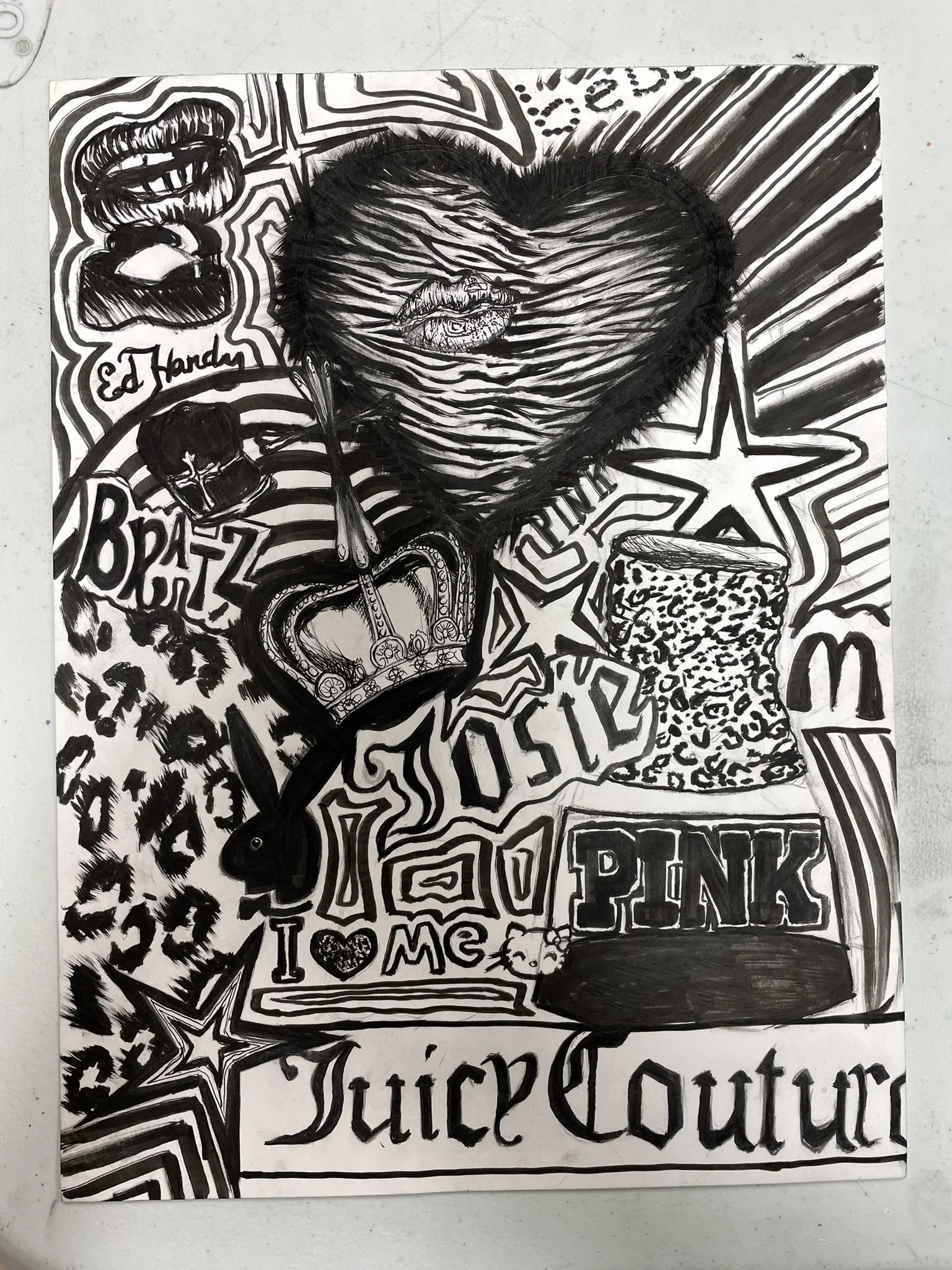 Black and white drawing with various elements including a large heart with a textured pattern and a small face inside, a crown, a lipstick, a leopard print cup, the word 'PINK,' stars, leopard print patterns, and the text 'Juice Couture,' 'I ❤️ ME,' 