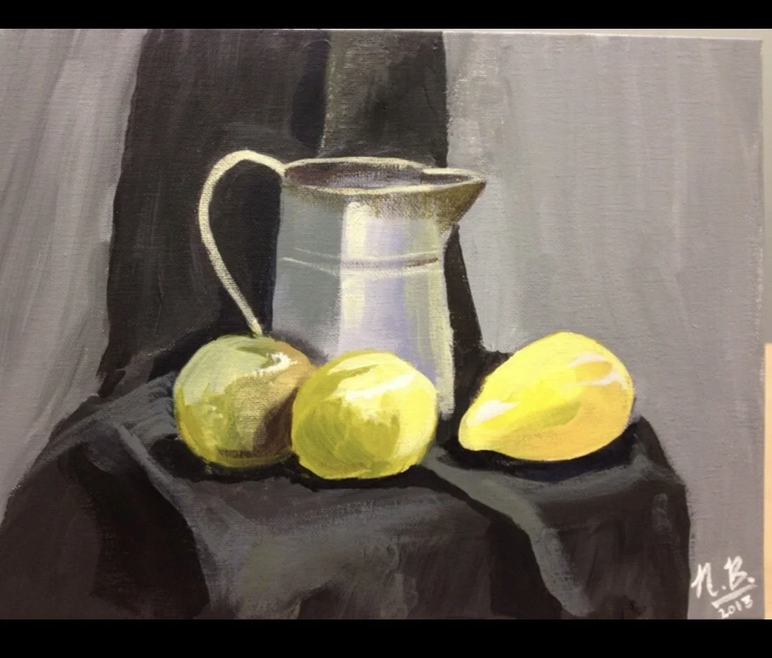 Painting of a white pitcher and three yellow apples on a dark cloth background.