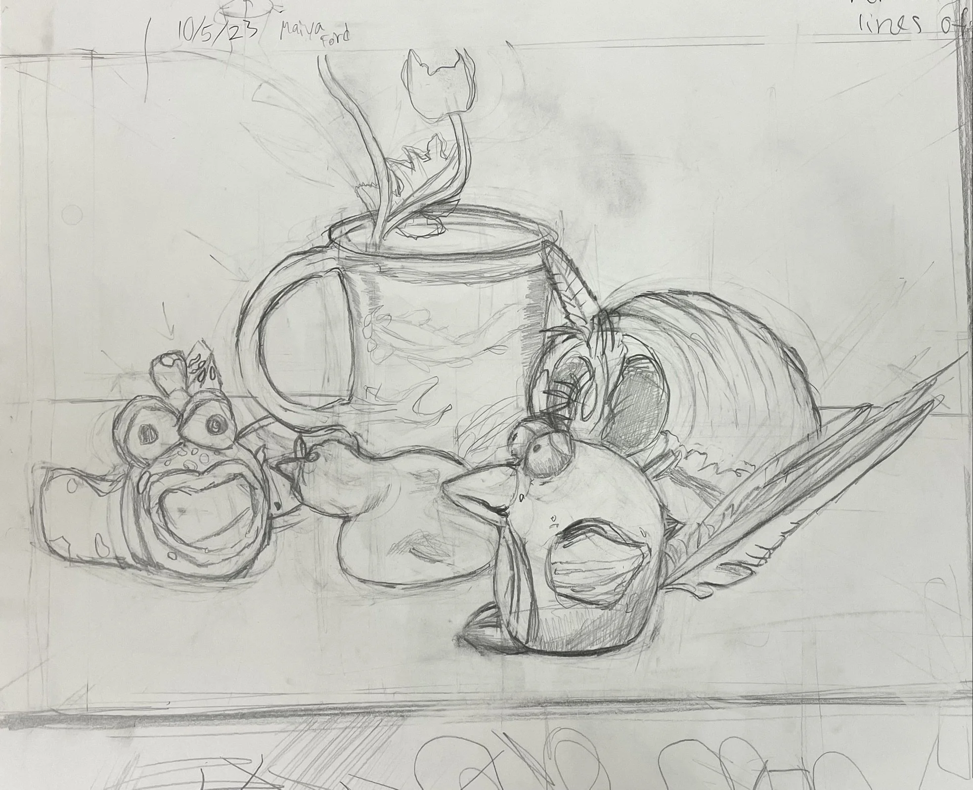 A pencil sketch of a still life scene featuring a coffee mug with steam, a cluster of grapes, a pumpkin, a leaf, and a knotted onion.