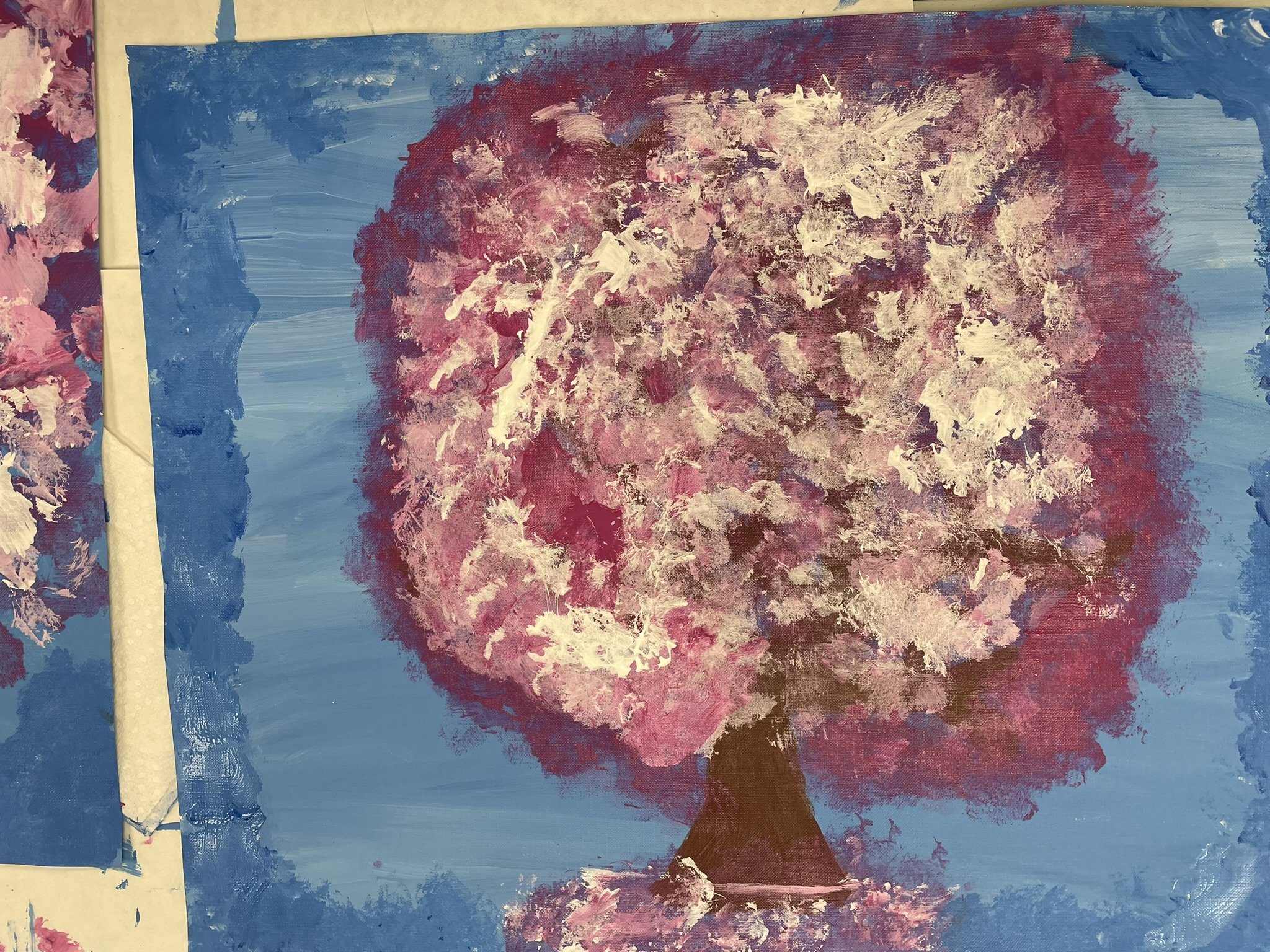 A painting of a large pink cherry blossom tree with a dark brown trunk, set against a blue sky background.