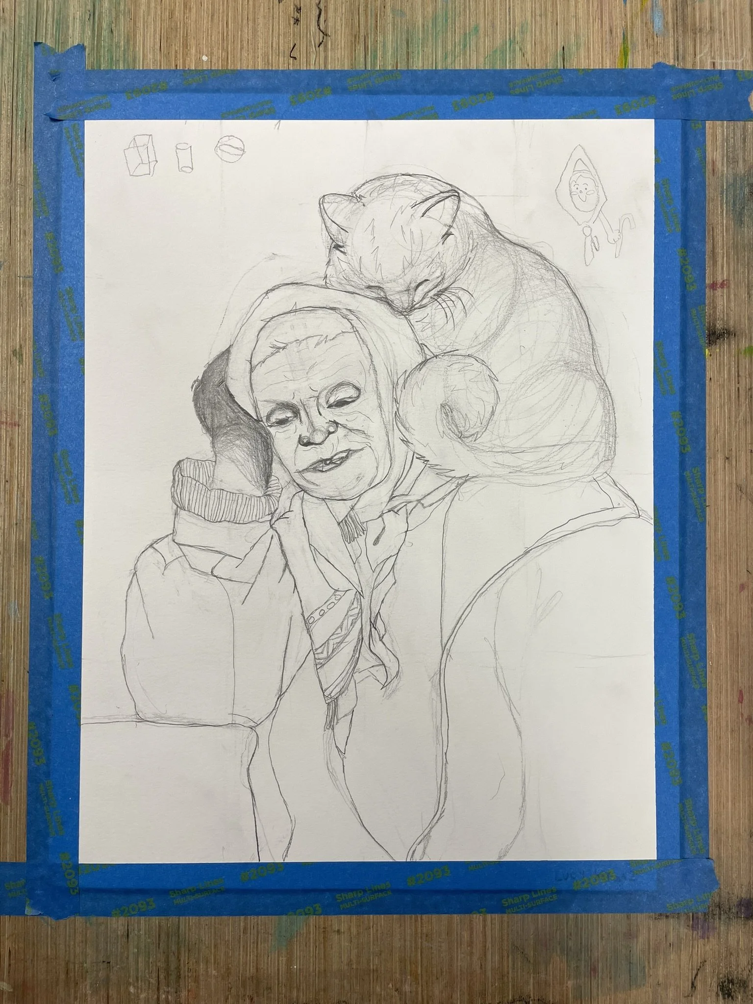 A pencil sketch of an elderly woman and a cat. The elderly woman is resting her head on her hand and looking at the camera, while the cat is resting on her head, with its eyes closed. There is a small drawing of a person in a hooded outfit in the top