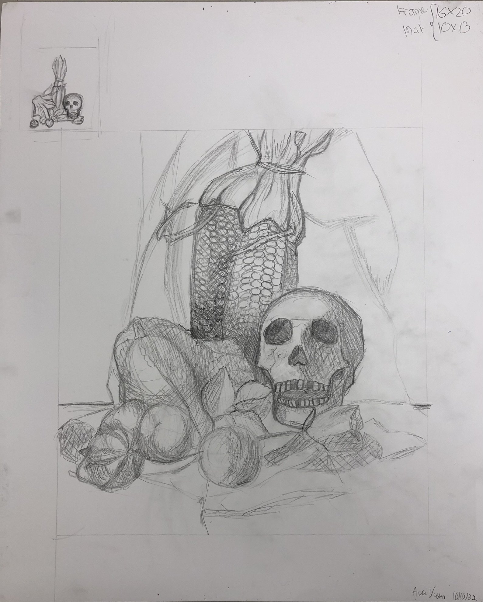 A detailed pencil sketch of a human skull surrounded by various objects, including a small skull, a bunch of berries, and draped fabric, with additional small sketches in the upper left corner and handwritten notes in the upper right corner.