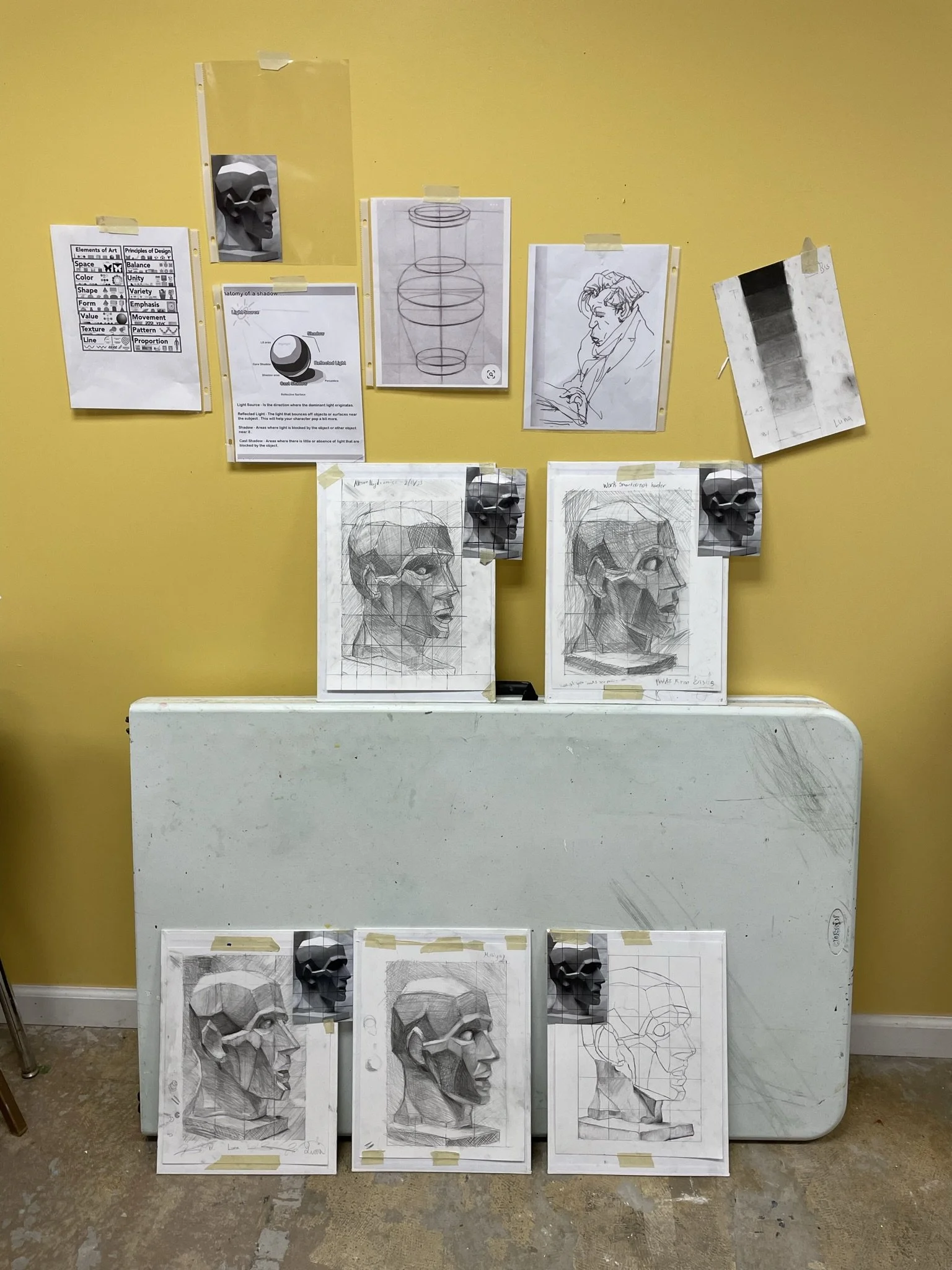 Collection of sketches and notes of a human head and face, showing different angles, shading, and construction techniques, taped to a yellow wall and white board.