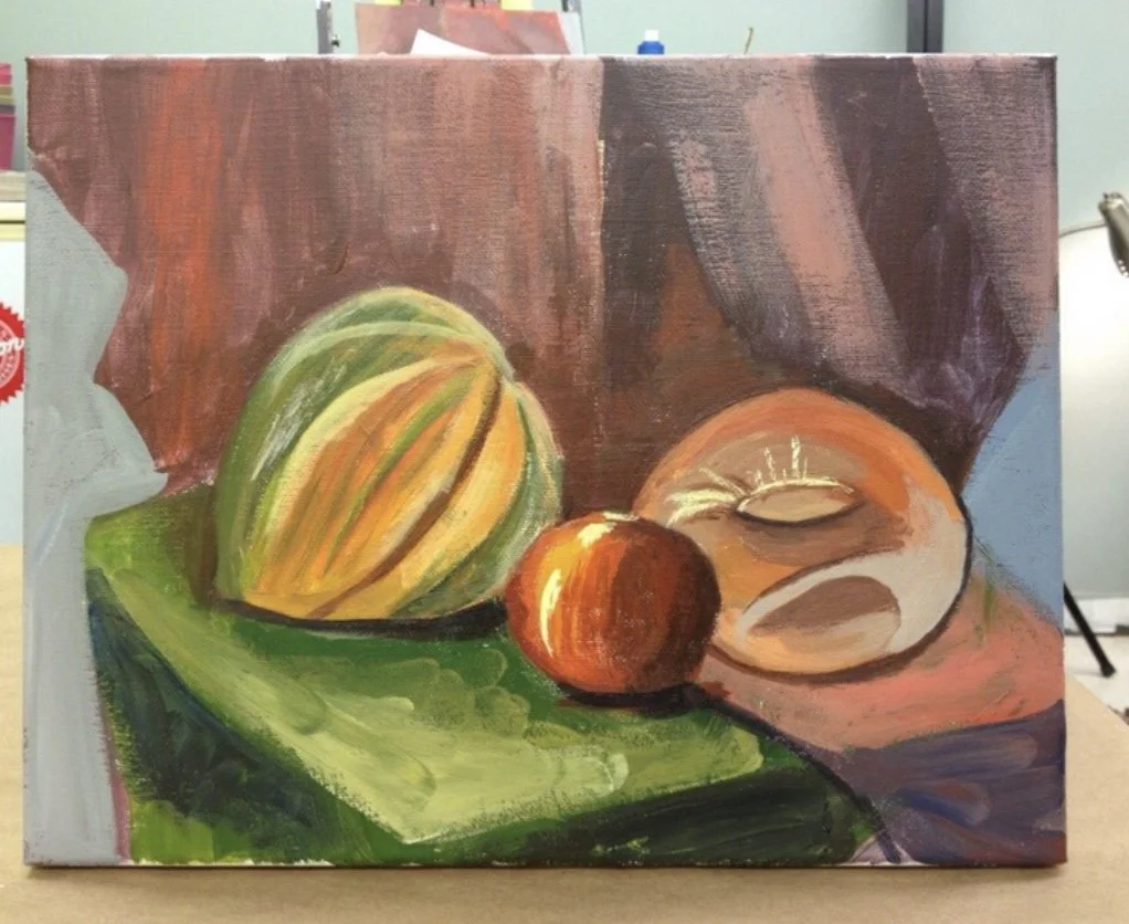 Oil painting of a yellow and green melon, a red apple, and a sliced brown fruit on a green and pink cloth with a curtains background.