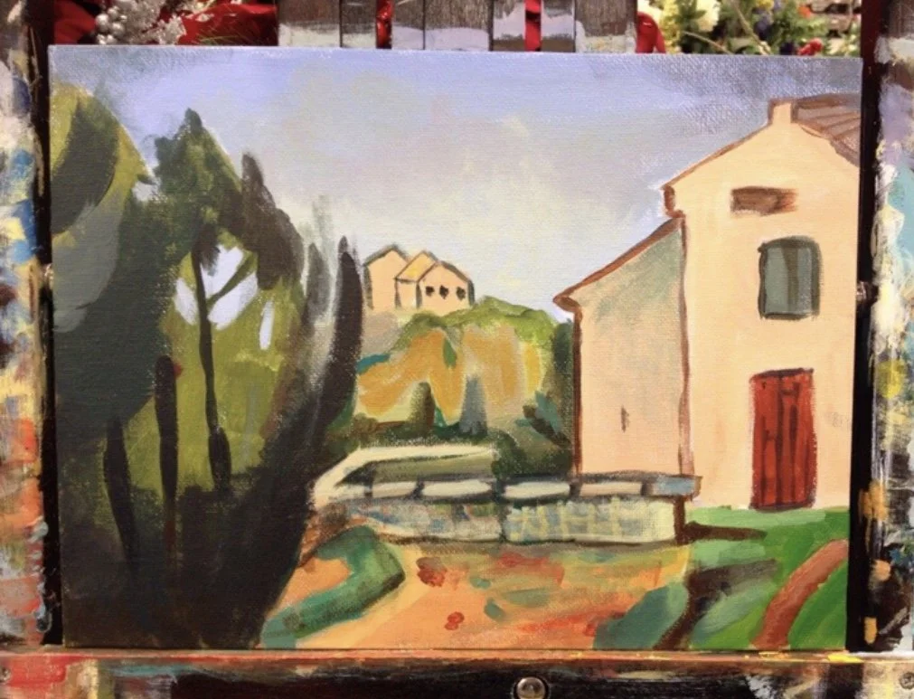 A painting of a rural landscape with a house, trees, a path, and a small bridge.