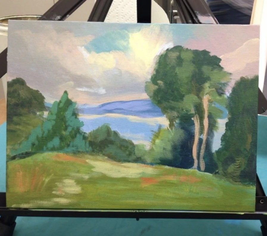 A landscape painting depicting a grassy field with trees on either side, a body of water in the distance, and a sky with clouds and sunlight.