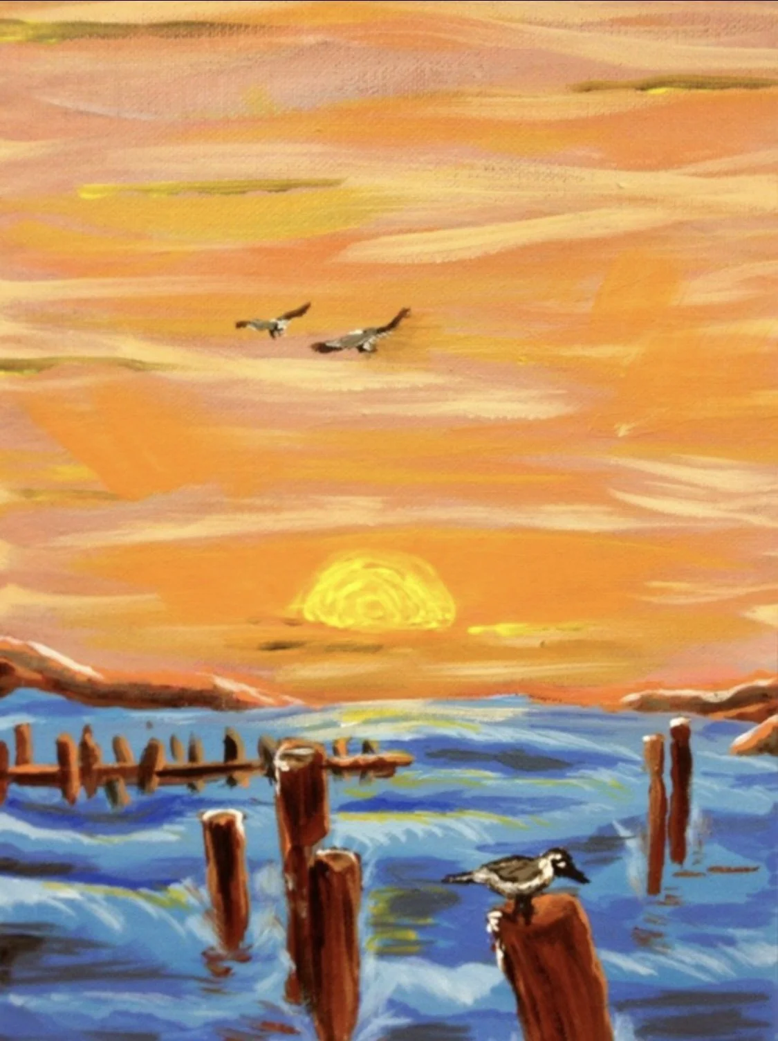 Painting of a sunset over water with wooden posts, two birds flying, and a duck standing on a post.